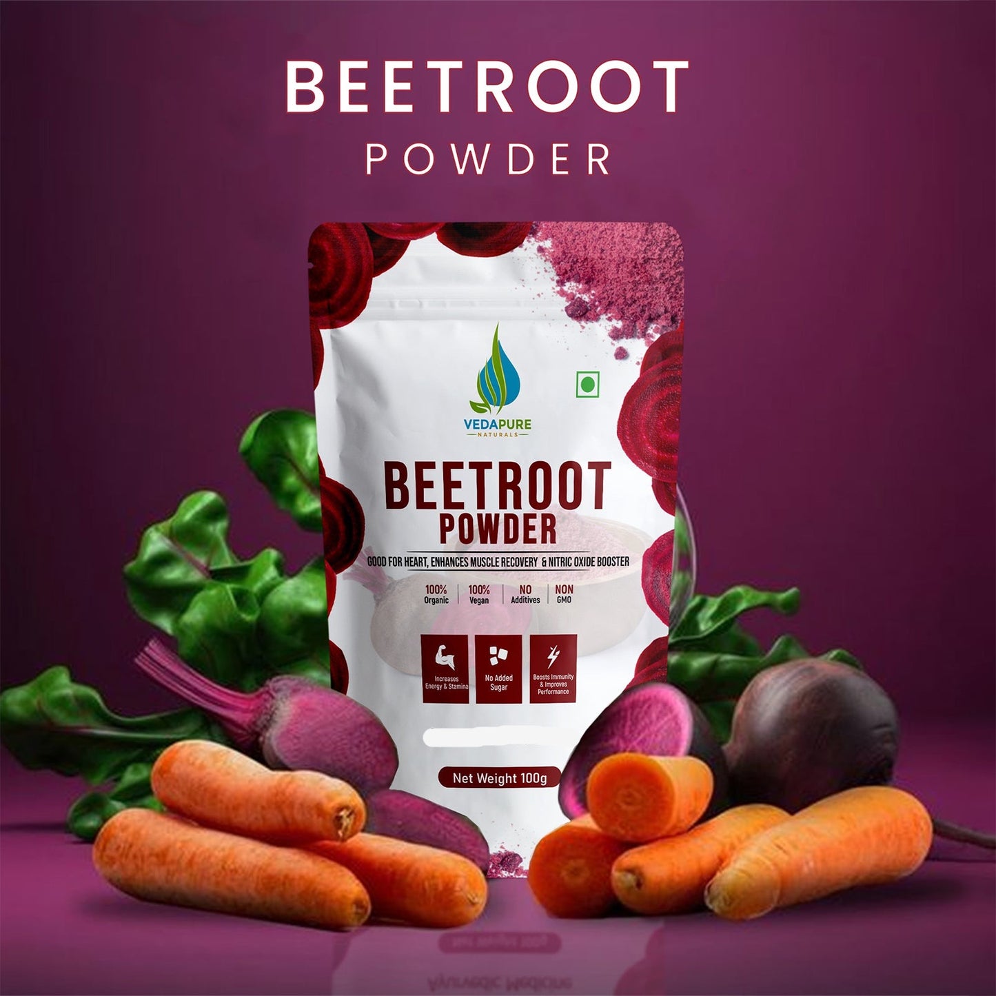 VEDAPURE NATURALS Pure Beetroot Powder | Natural Anti-Oxidant for Heart Health & Energy Boost | Promotes good Skin & Hairs | - 100 GM Vedapure Naturals