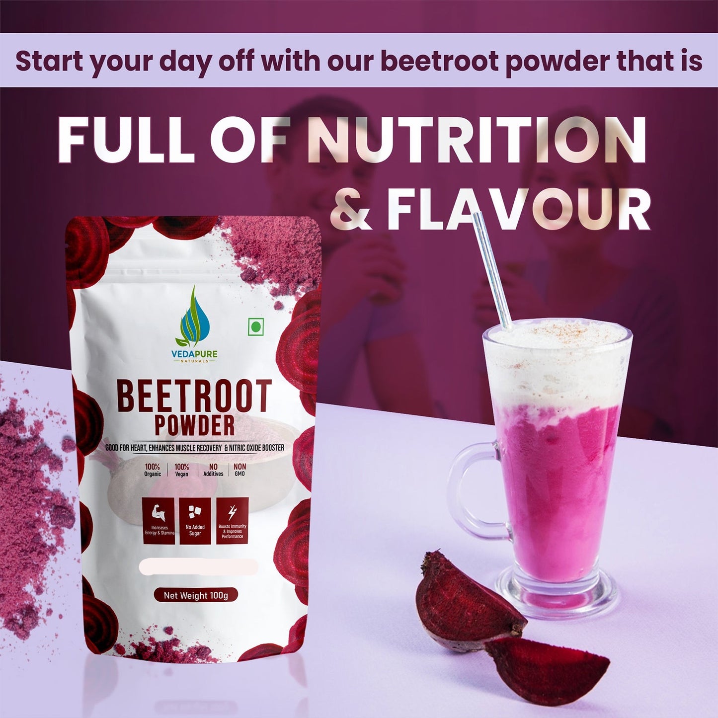 VEDAPURE NATURALS Pure Beetroot Powder | Natural Anti-Oxidant for Heart Health & Energy Boost | Promotes good Skin & Hairs | - 100 GM Vedapure Naturals