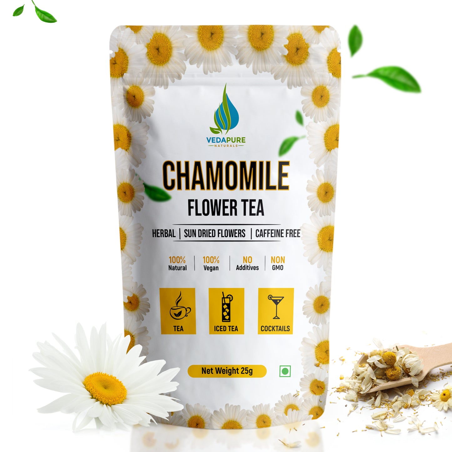 VEDAPURE NATURALS Chamomile Tea | Sun Dried Whole Chamomile Flower Buds | Stress Relief & Good Sleep Tea | Caffeine Free Pure Herbal Bed Time Tea | - 25 Gm VedapureNaturals