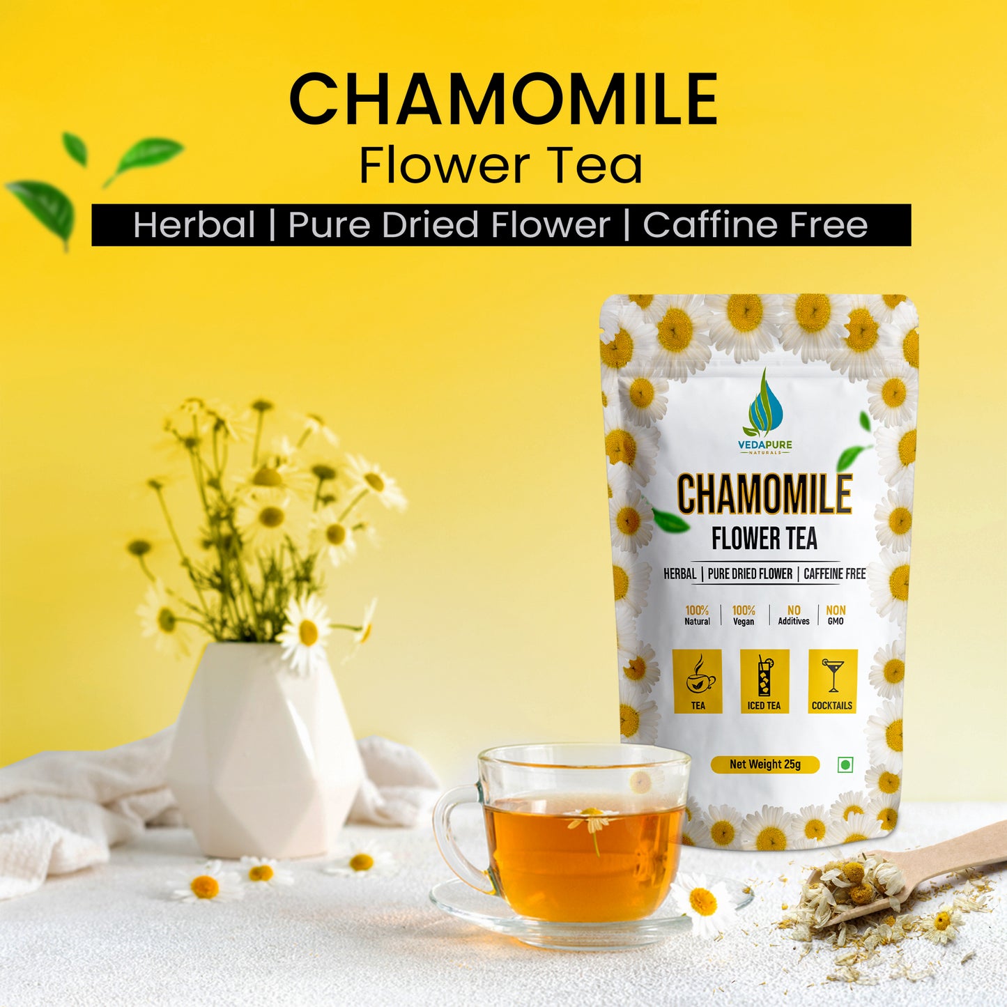 VEDAPURE NATURALS Chamomile Tea | Sun Dried Whole Chamomile Flower Buds | Stress Relief & Good Sleep Tea | Caffeine Free Pure Herbal Bed Time Tea | - 25 Gm VedapureNaturals