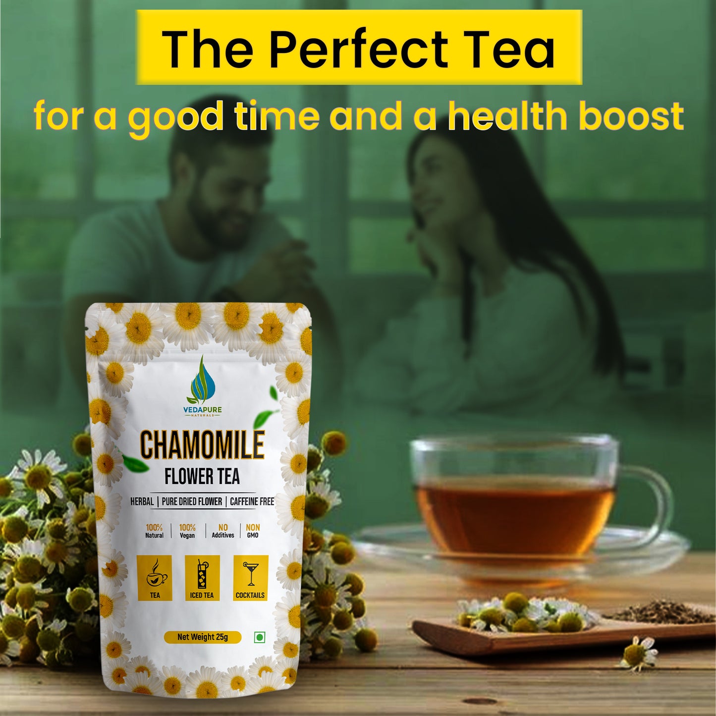 VEDAPURE NATURALS Chamomile Tea | Sun Dried Whole Chamomile Flower Buds | Stress Relief & Good Sleep Tea | Caffeine Free Pure Herbal Bed Time Tea | - 25 Gm VedapureNaturals
