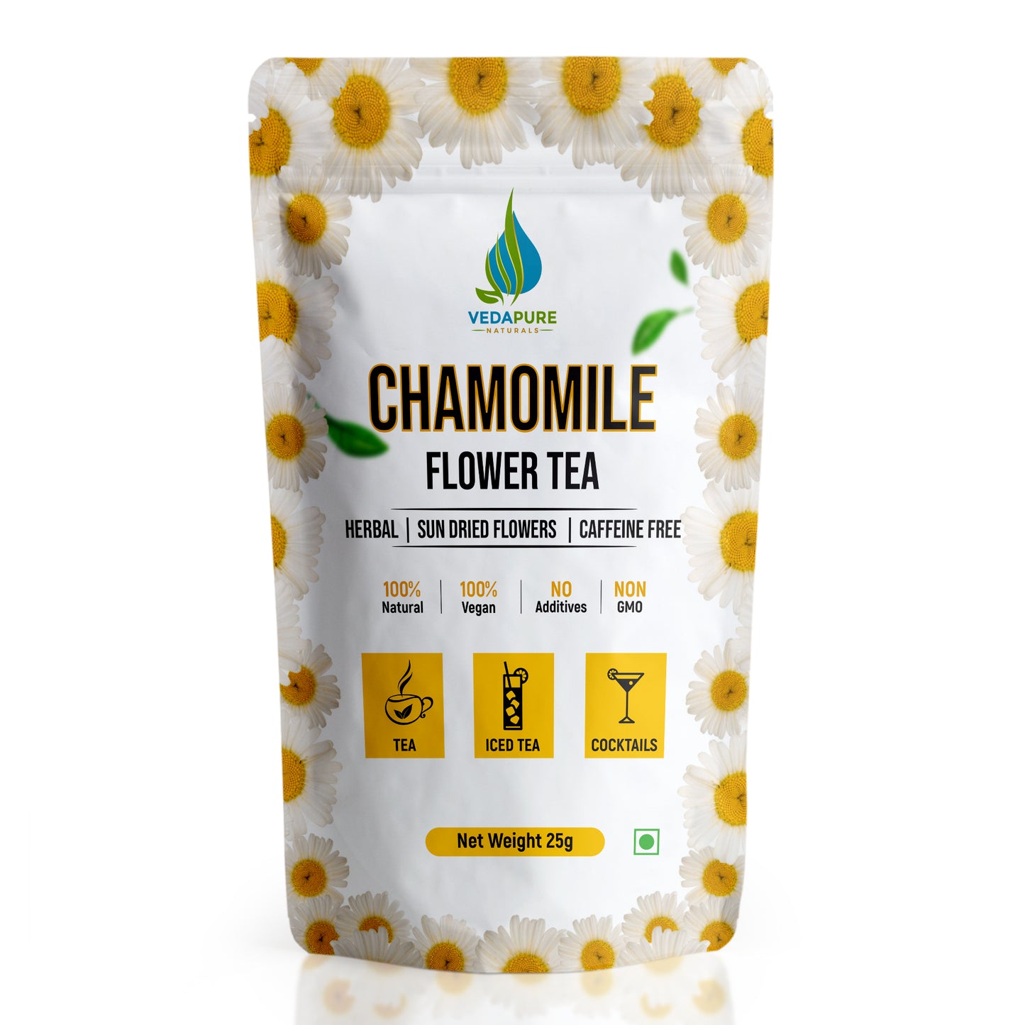 VEDAPURE NATURALS Chamomile Tea | Sun Dried Whole Chamomile Flower Buds | Stress Relief & Good Sleep Tea | Caffeine Free Pure Herbal Bed Time Tea | - 25 Gm VedapureNaturals