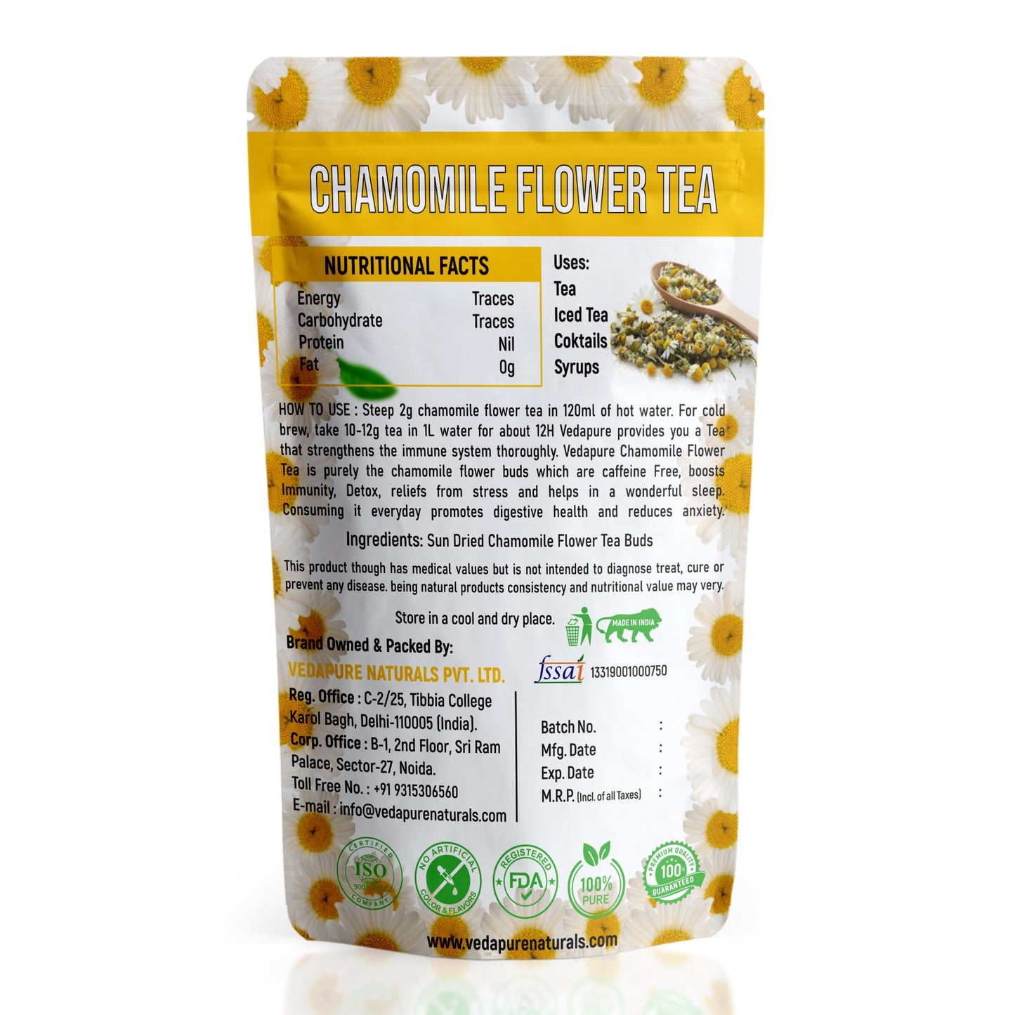 VEDAPURE NATURALS Chamomile Tea | Sun Dried Whole Chamomile Flower Buds | Stress Relief & Good Sleep Tea | Caffeine Free Pure Herbal Bed Time Tea | - 25 Gm VedapureNaturals