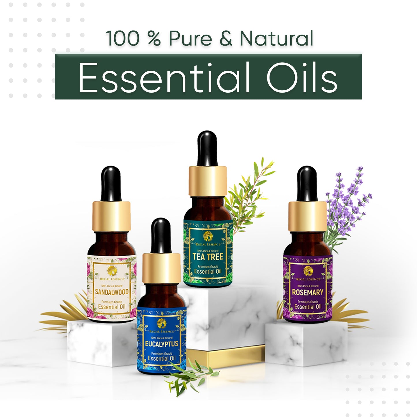 REGAL ESSENCE Tea Tree, Rosemary, Sandalwood & Eucalyptus Essential Oil For Healthy Skin, Face, Hair & Acne Care - 100% Organic Remedy For Dandruff & Stress 15 ML (Combo Pack of 4) Regal Essence