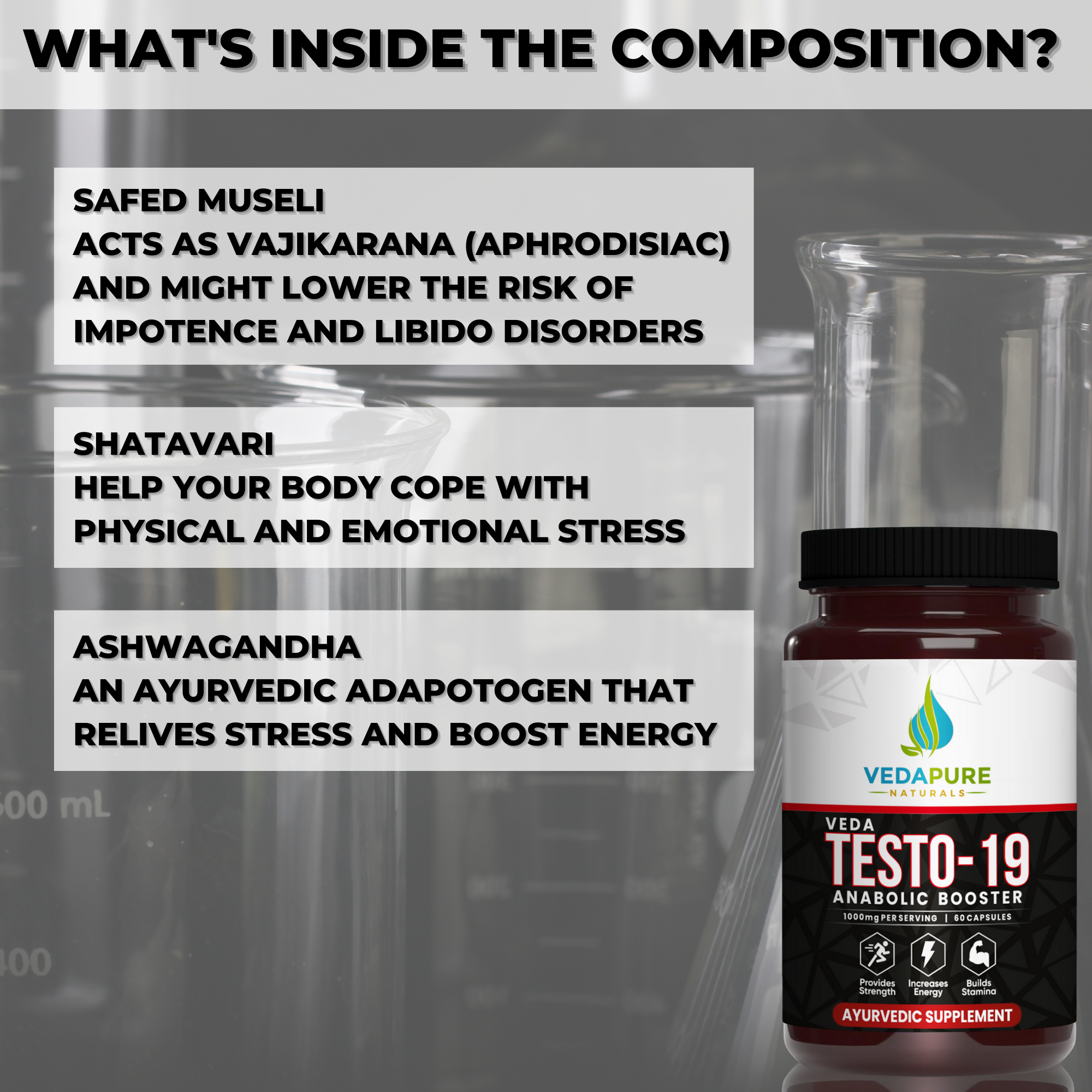 Vedapure Veda Testo-19 – |Anabolic Booster with Potent Herbs – 60 Caps| Stamina & Performance