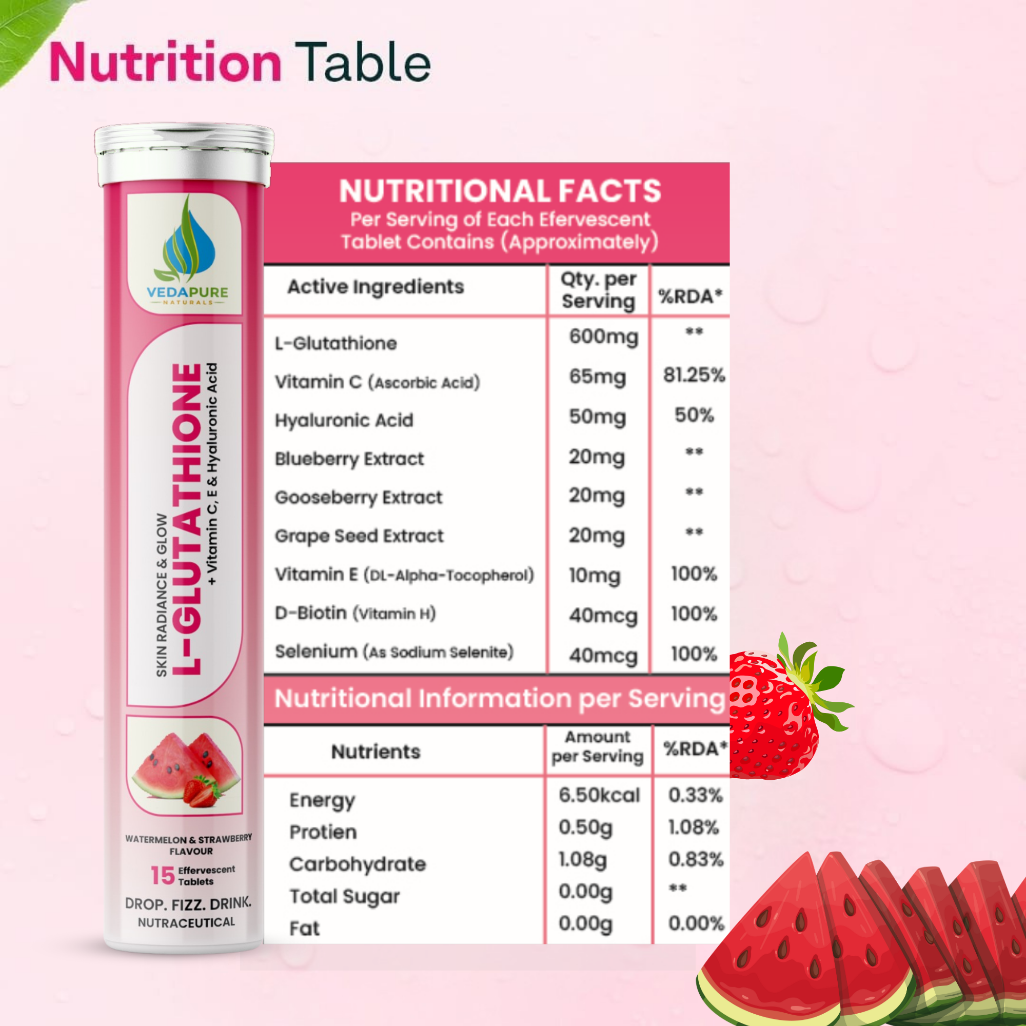 Vedapure L Glutathione Orange & Watermelon & Strawberry Effervescent