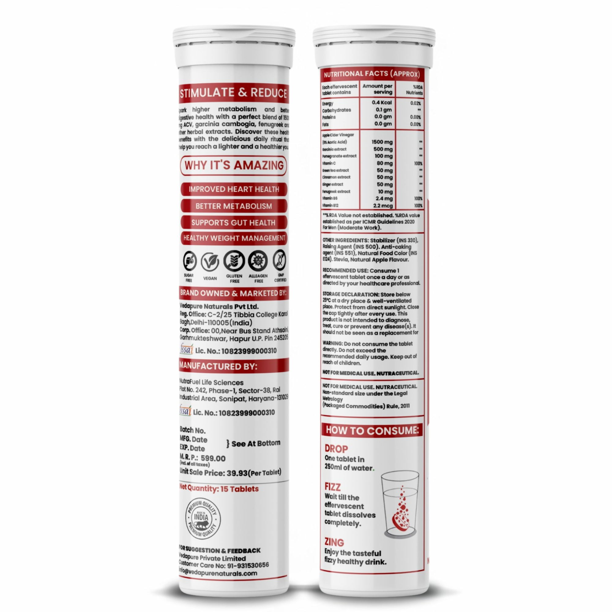 Vedapure ACV Effervescent Tablets – With Garcinia & Pomegranate for Craving Control & Weight Support – 15 Tabs