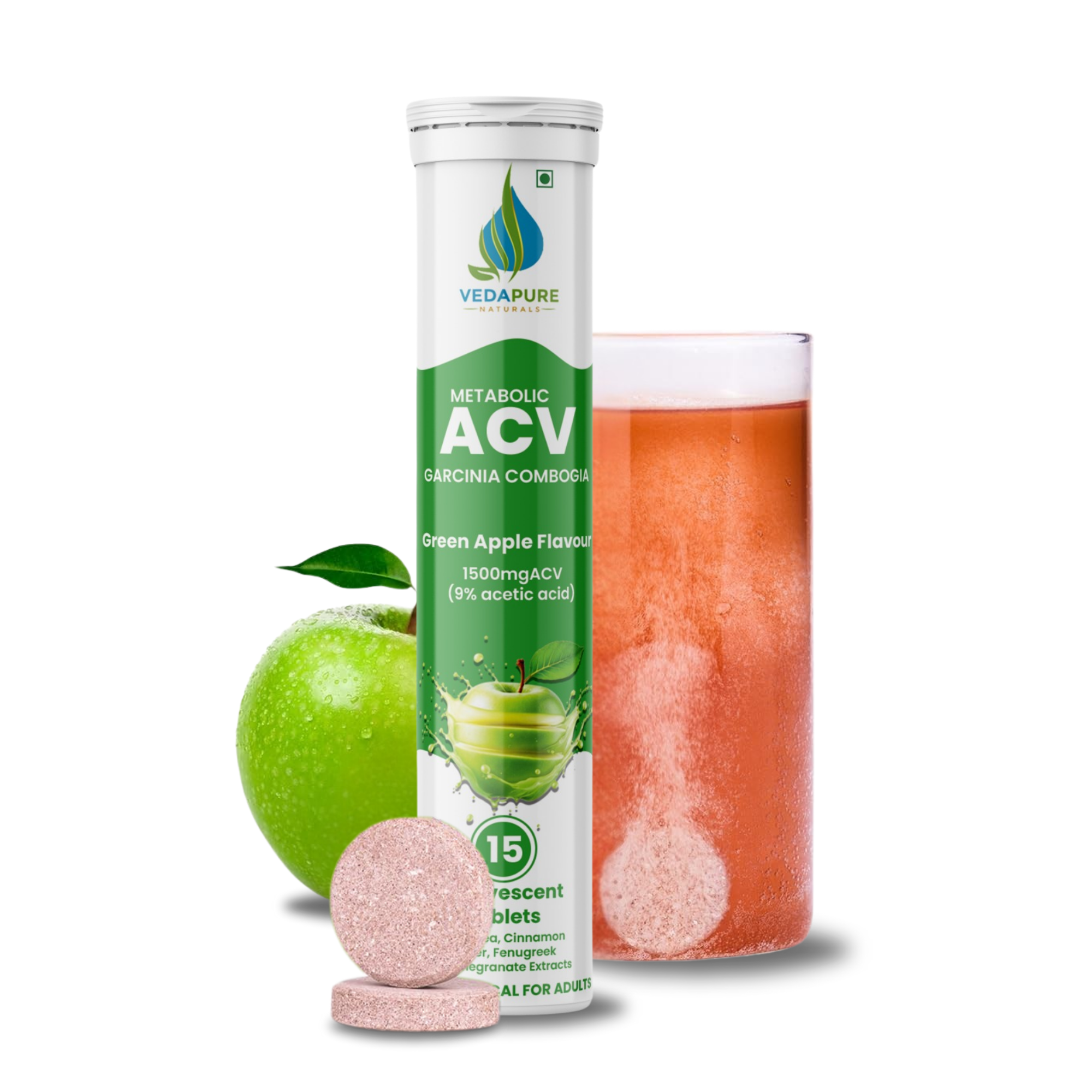 Vedapure ACV Effervescent Tablets – Apple Cider Vinegar with B-Vitamins for Detox, Metabolism & Weight Support – 15 Tabs