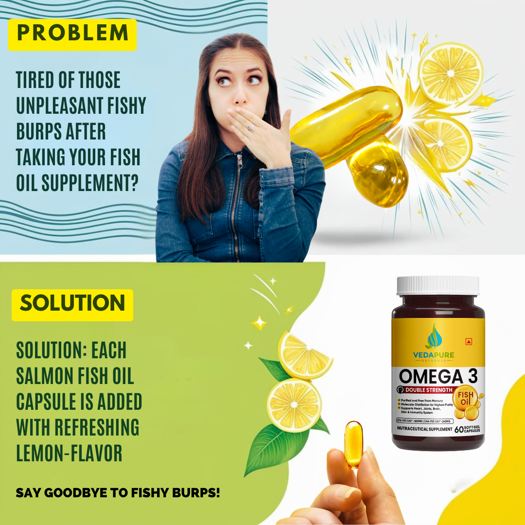 Vedapure Omega-3 Fish Oil Softgels – Double Strength EPA & DHA for Heart, Joints, Brain & Immunity – 60 Caps.