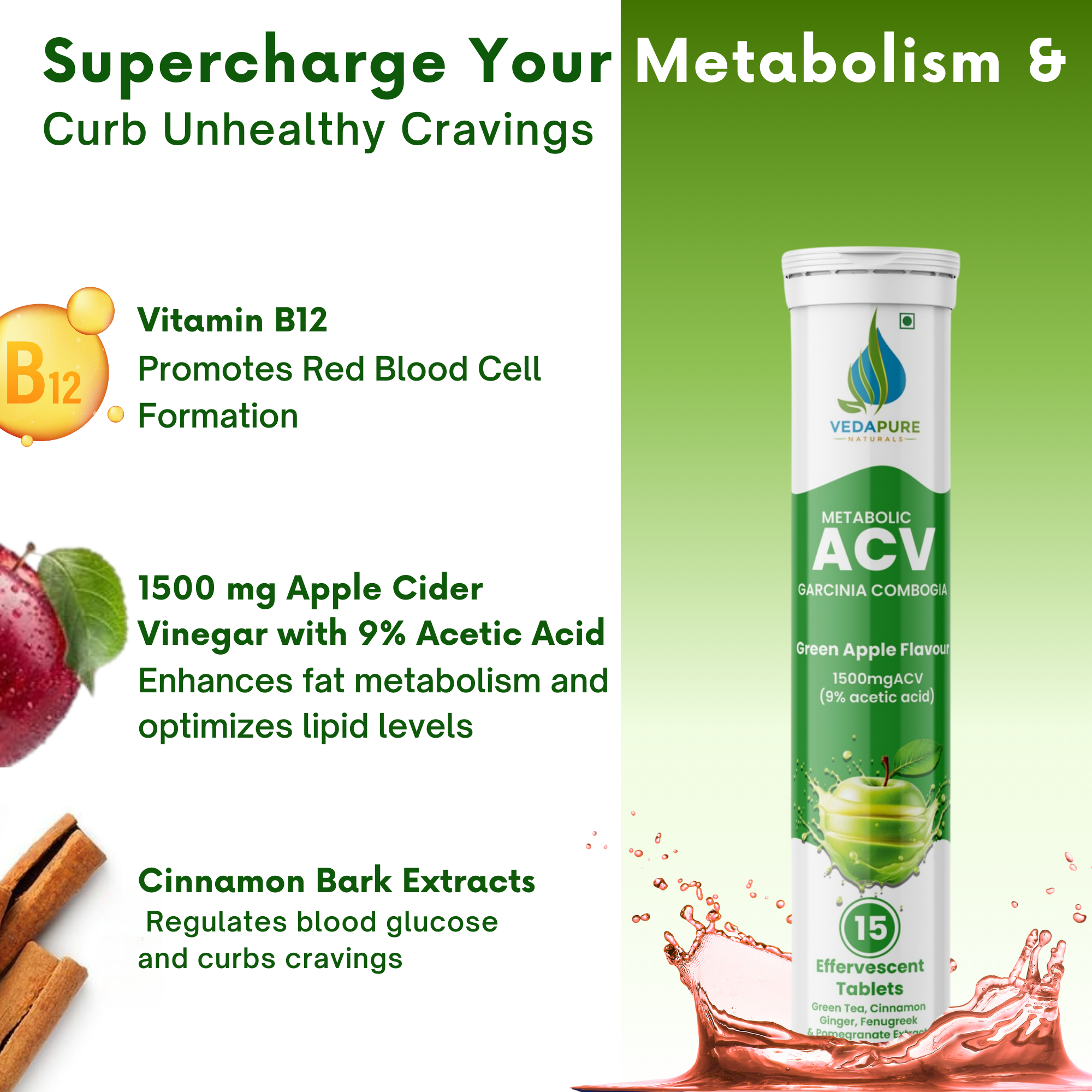 Vedapure ACV Effervescent Tablets – Apple Cider Vinegar with B-Vitamins for Detox, Metabolism & Weight Support – 15 Tabs