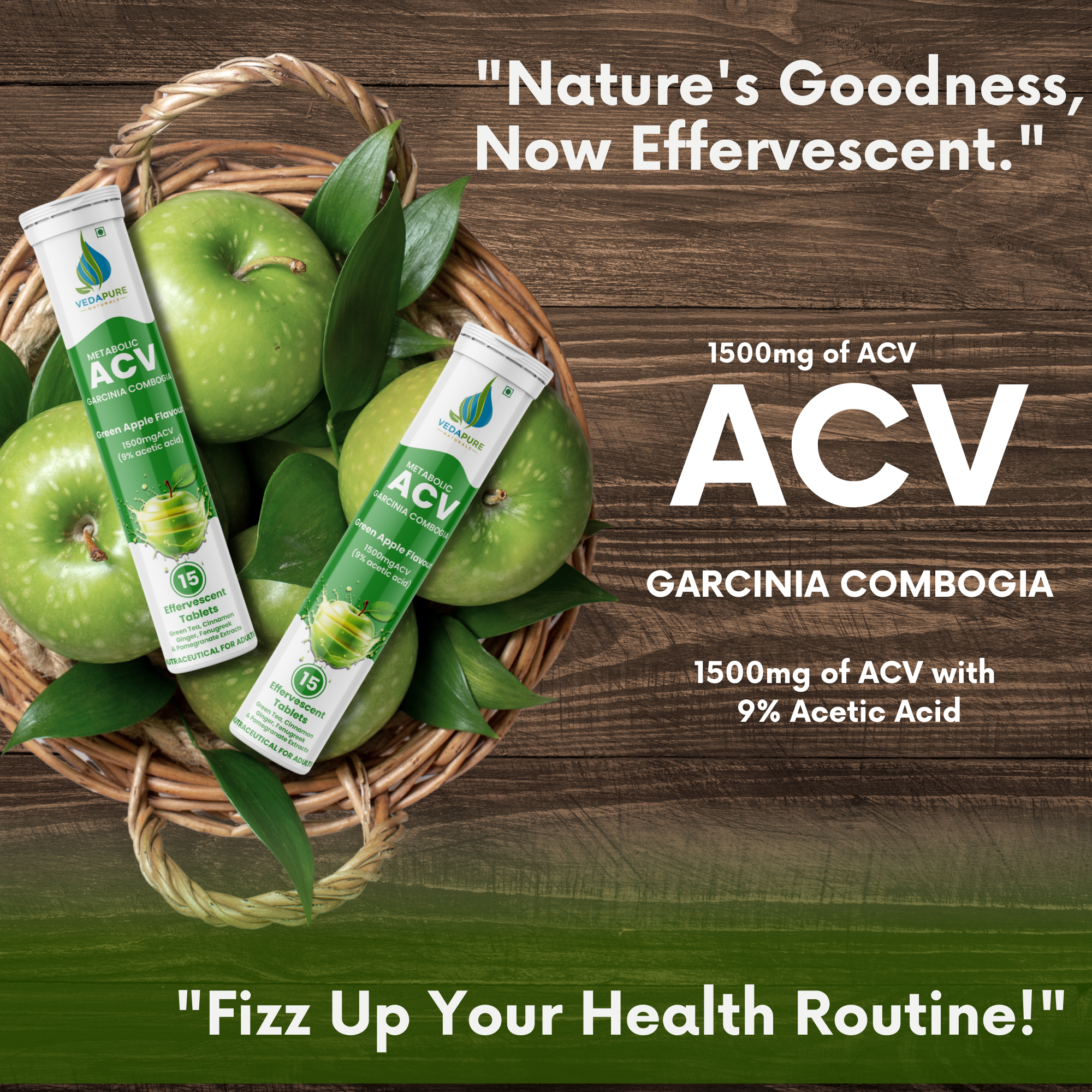 Vedapure ACV Effervescent Tablets – Apple Cider Vinegar with B-Vitamins for Detox, Metabolism & Weight Support – 15 Tabs