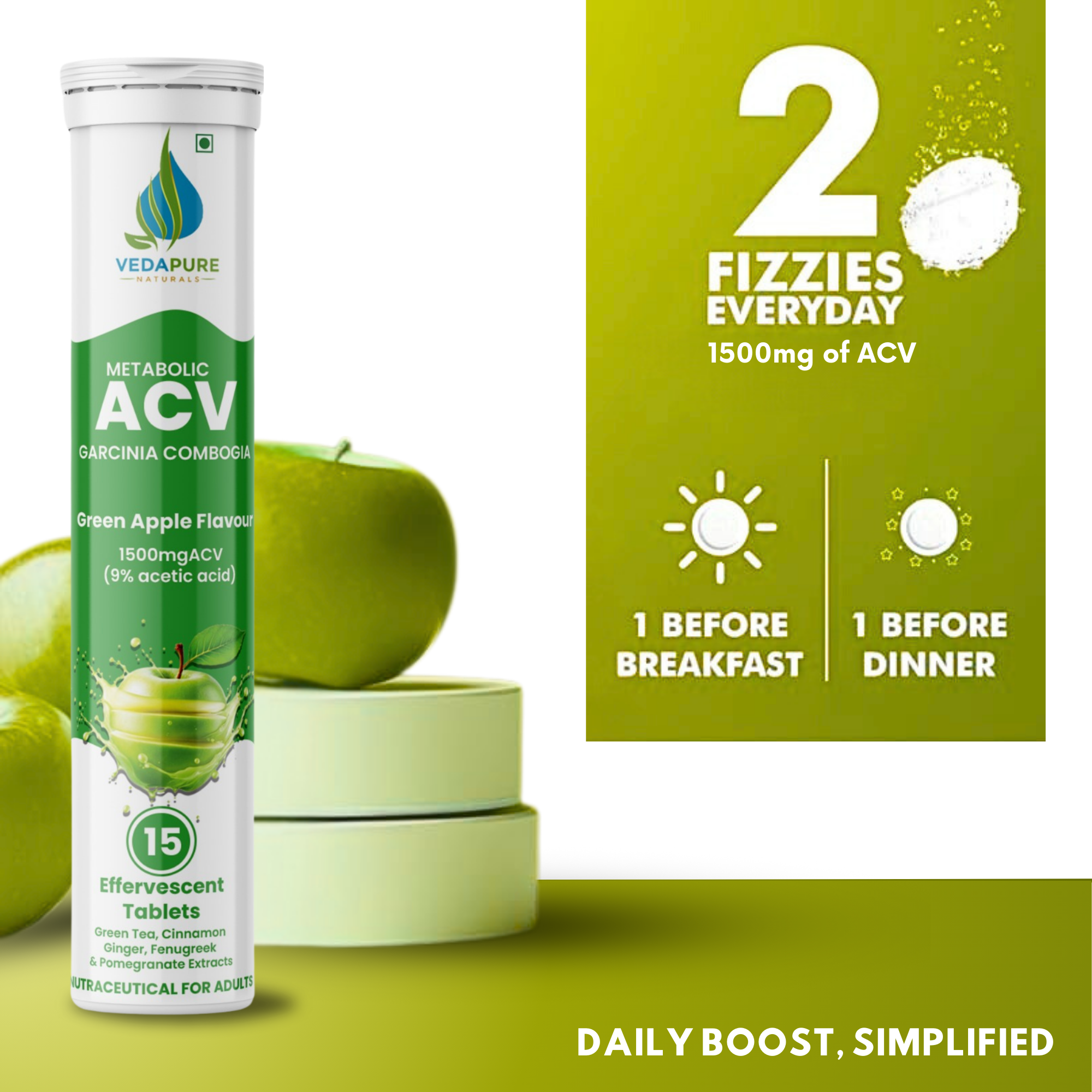 Vedapure ACV Effervescent Tablets – Apple Cider Vinegar with B-Vitamins for Detox, Metabolism & Weight Support – 15 Tabs