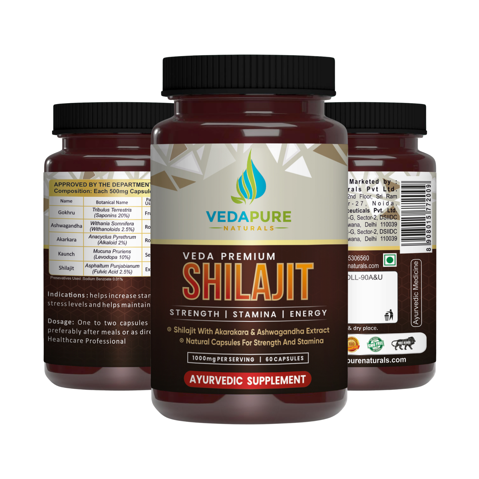 Veda Premium Shilajit 1000mg| 60 Capsules for Strength, Energy, Stamina & Performance | Ayurvedic Vitality Supplement for Men