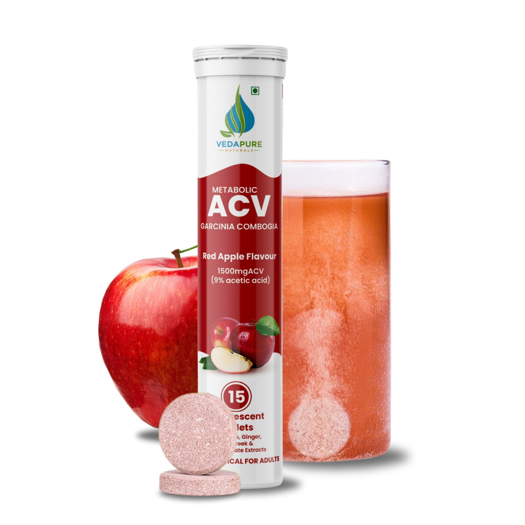 Vedapure ACV Effervescent Tablets – With Garcinia & Pomegranate for Craving Control & Weight Support – 15 Tabs