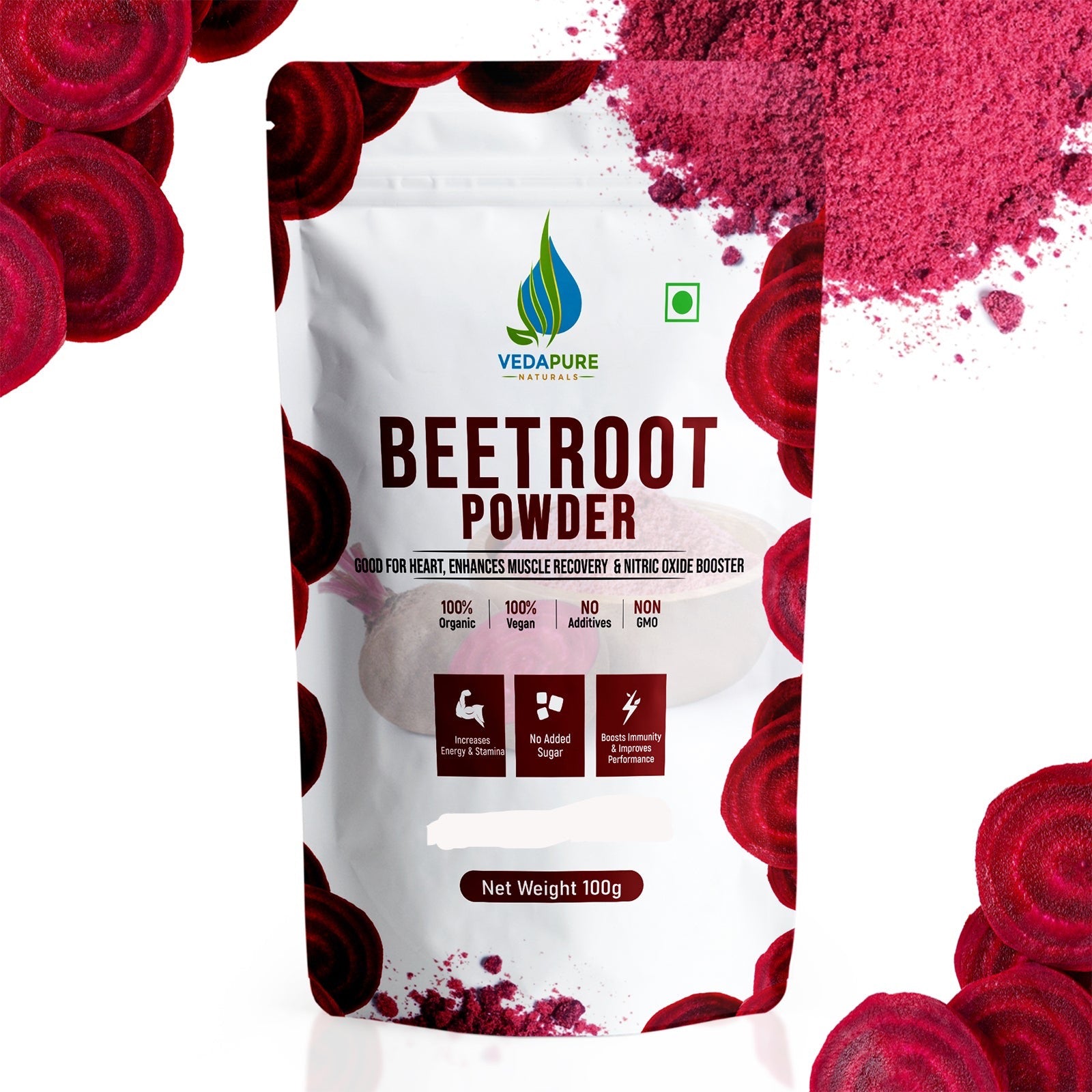 VEDAPURE NATURALS  Pure Beetroot Powder | Natural Anti-Oxidant for Heart Health & Energy Boost | Promotes good Skin & Hairs | - 100 GM Vedapure Naturals