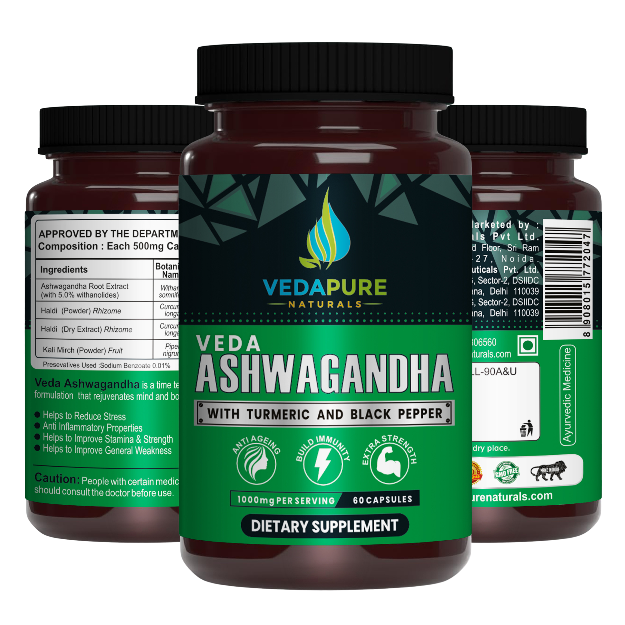 Vedapure Ashwagandha 100mg – Combats Stress & Anxiety with Turmeric & Black Pepper – 60 Caps.