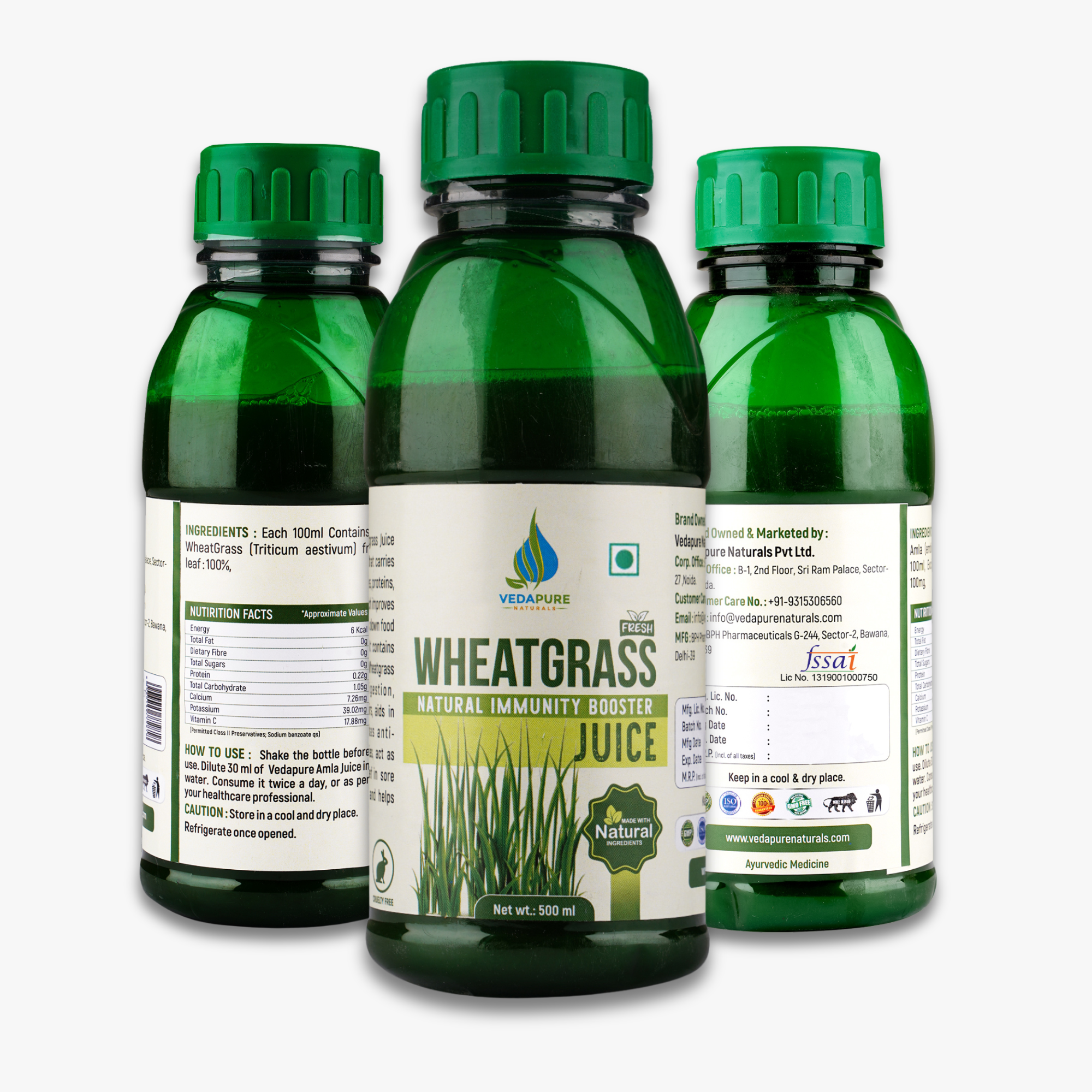 Vedapure Naturals Pure Wheatgrass Juice | Improves Immunity, Boosts Energy and Detoxify - 500ML