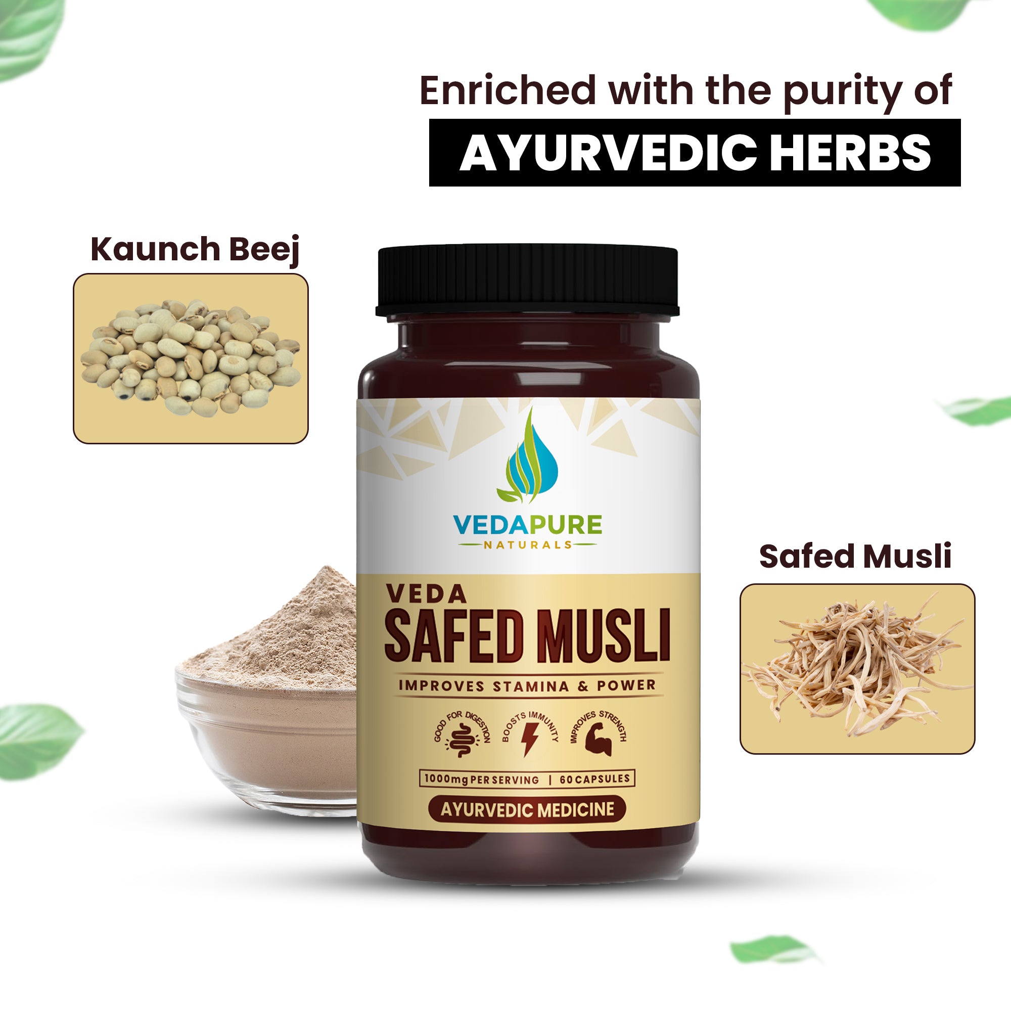 Vedapure Safed Musli 100 mg – Strength, Stamina & Immunity Booster – 60 Capsules