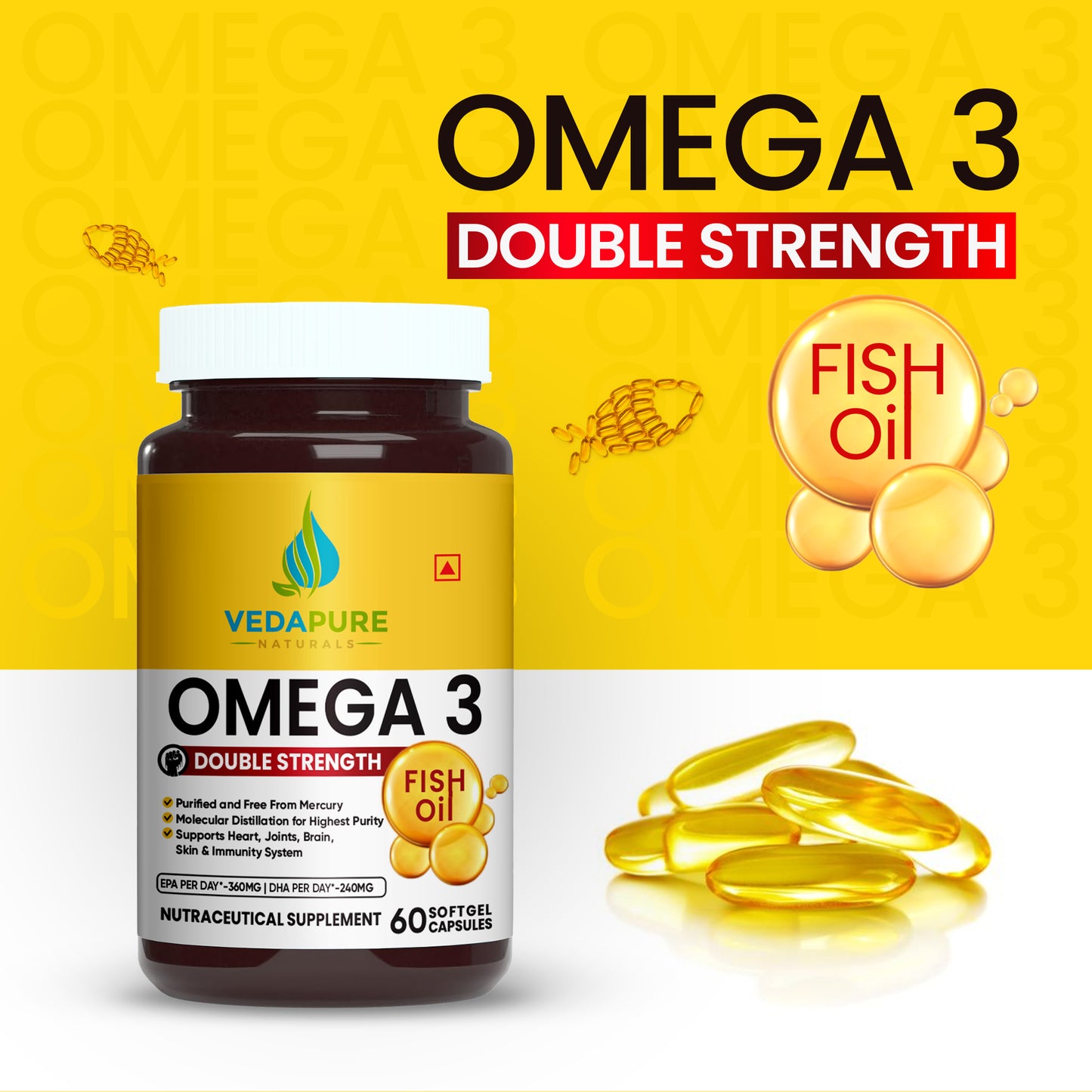 VEDAPURE NATURALS Double Strength Omega 3 Fish Oil 1000mg- 60 Softgel Vedapure Naturals