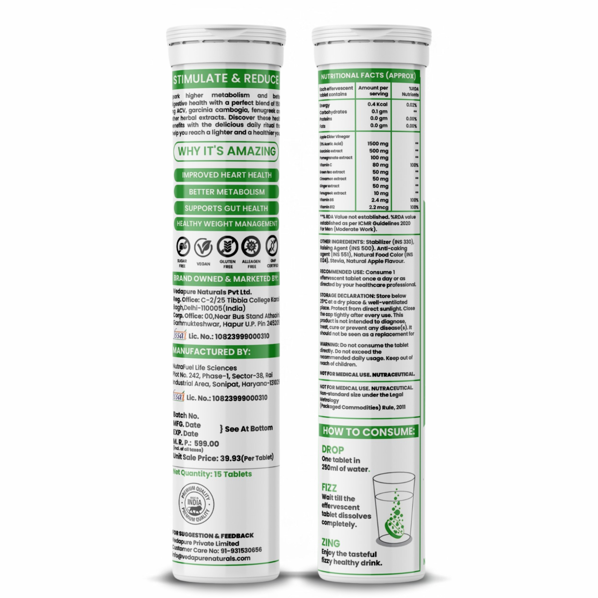 Vedapure ACV Effervescent Tablets – Apple Cider Vinegar with B-Vitamins for Detox, Metabolism & Weight Support – 15 Tabs