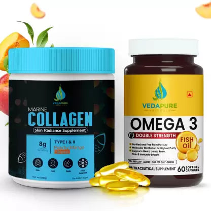 VEDAPURE NATURALS Marine Collagen & High Strength Fish Oil Omega 3 | SKin Glow Supplement  (200 g) Vedapure Naturals