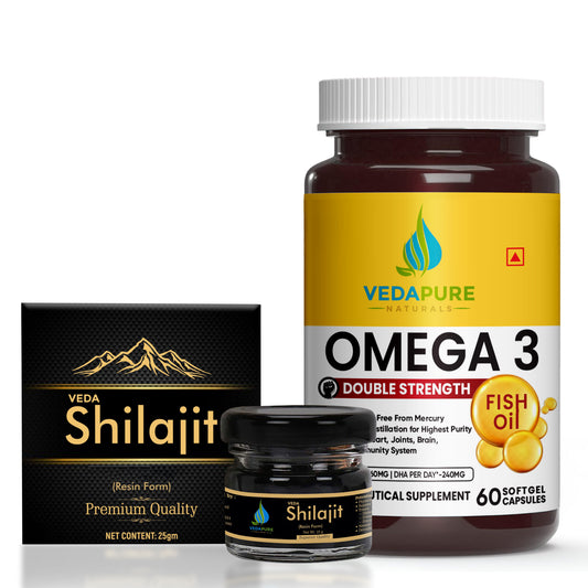 VEDAPURE NATURALS Shilajit/Shilajeet Resin for Men & Women Supports General Weakness-25 Gram &  Double Strength Omega 3 Fish Oil 1000mg- 60 Softgel (COMBO PACK) Vedapure Naturals