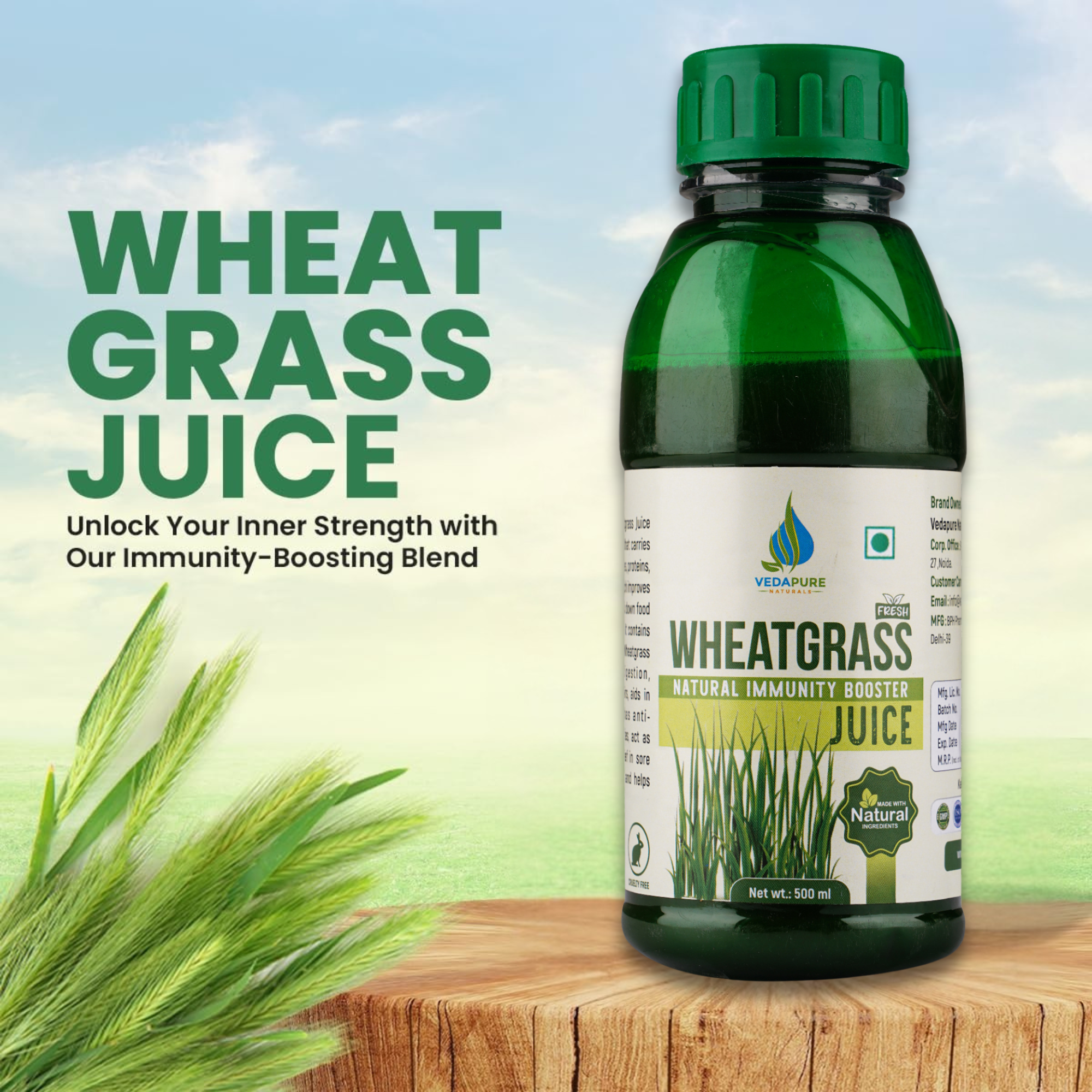 Vedapure Naturals Pure Wheatgrass Juice | Improves Immunity, Boosts Energy and Detoxify - 500ML