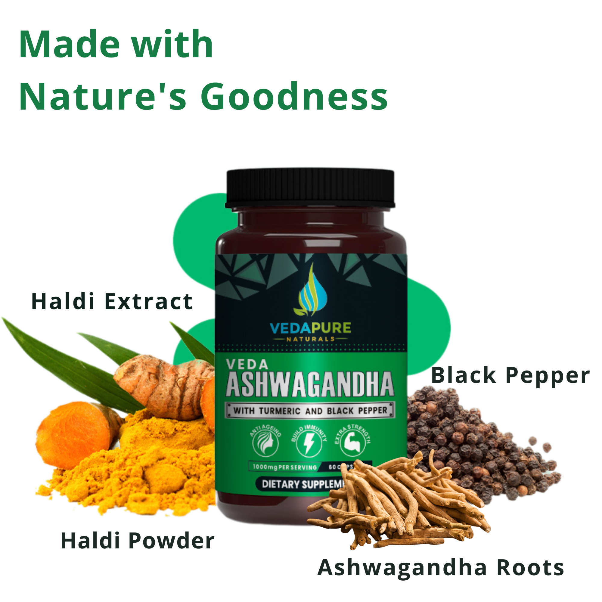 Vedapure Ashwagandha 100mg – Combats Stress & Anxiety with Turmeric & Black Pepper – 60 Caps.