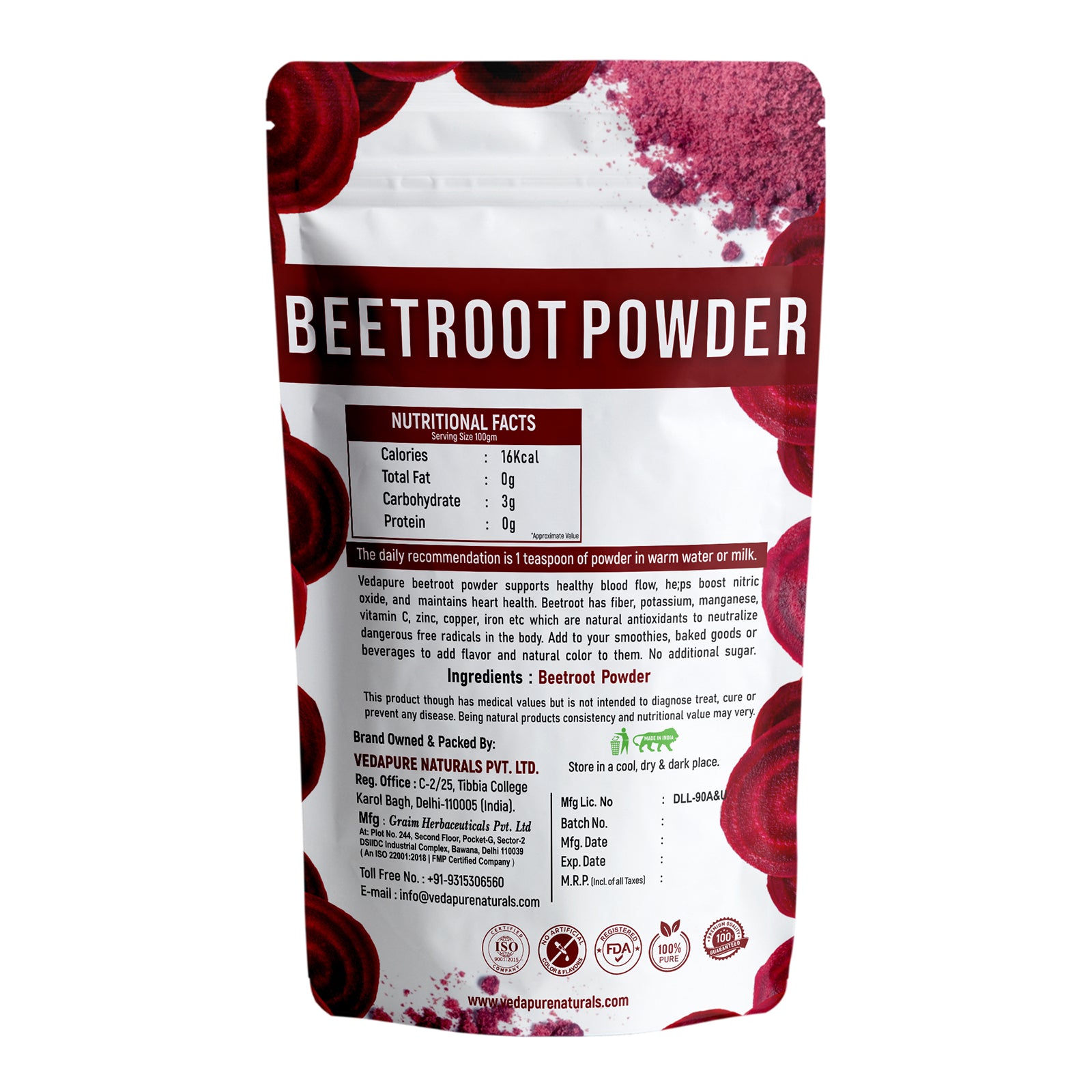 VEDAPURE NATURALS  Pure Beetroot Powder | Natural Anti-Oxidant for Heart Health & Energy Boost | Promotes good Skin & Hairs | - 100 GM Vedapure Naturals