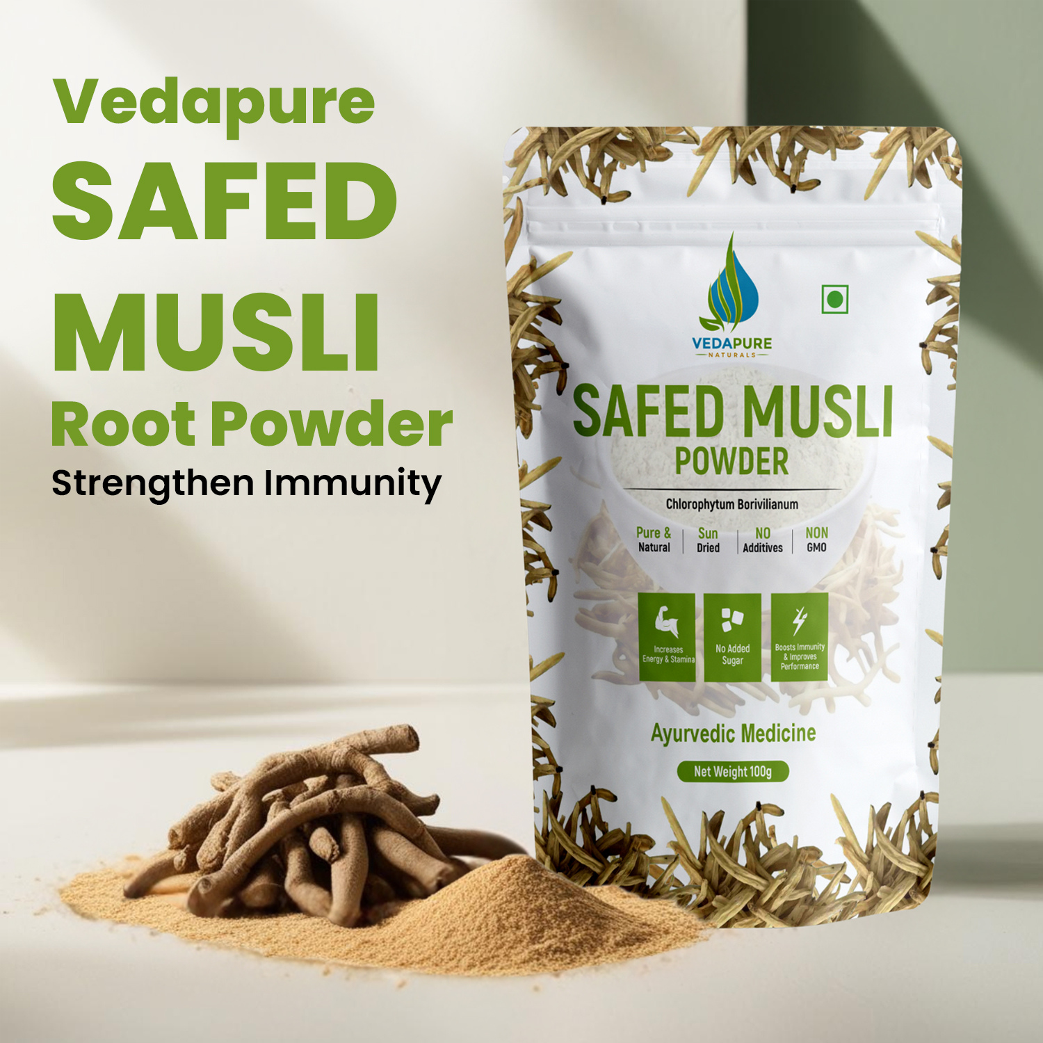 Vedapure Safed Musli Powder – Pure Ayurvedic Herb for Vitality, Stamina & Overall Wellness – 100g