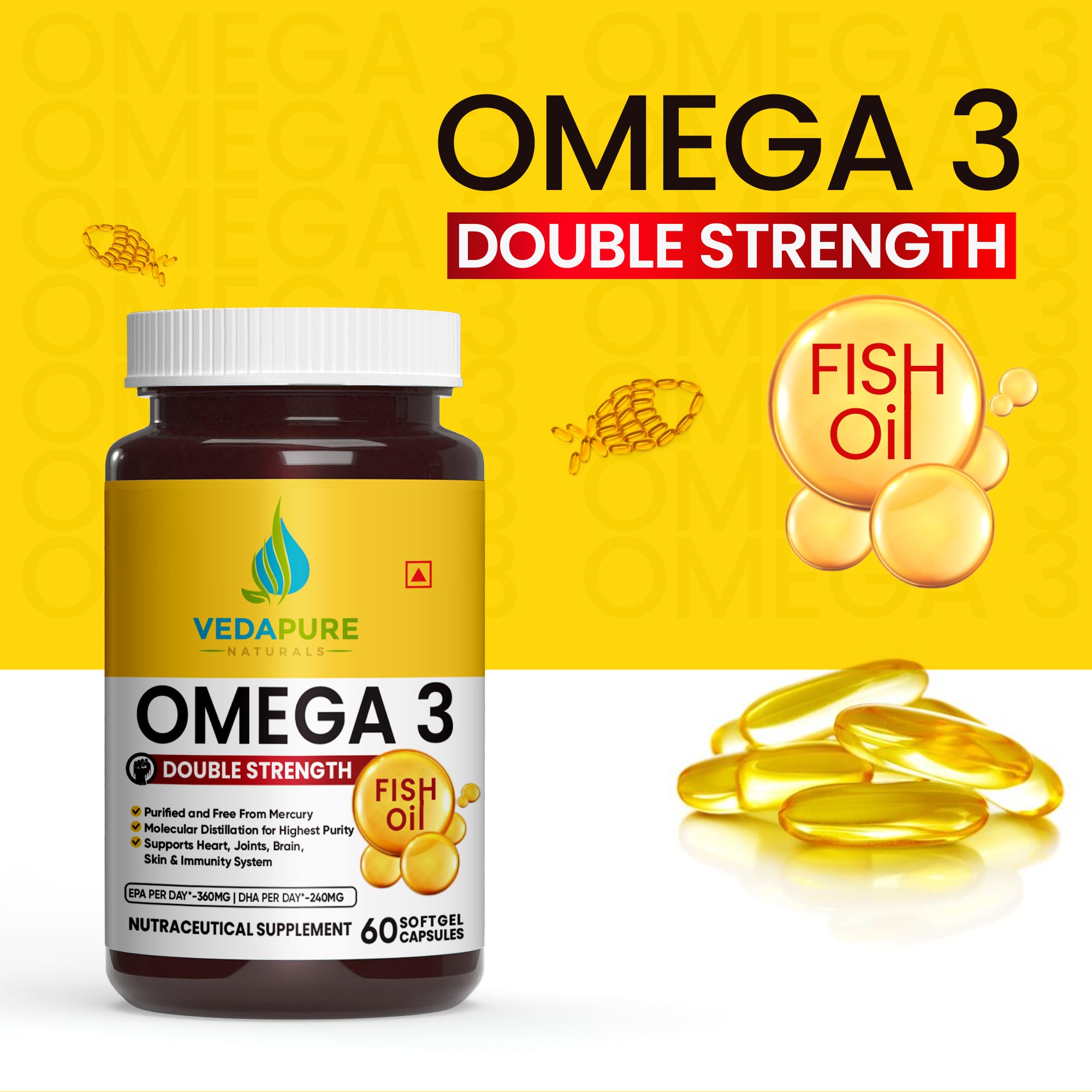 VEDAPURE  Wellness Strength Set Combo - Double Strength Omega 3 Fish Oil 1000mg for Heart, Brain & Muscle function Shilajit/Shilajeet Resin for Men & Women Supports General Weakness &  Multivitamin & Multimineral For Men & Women- 60 Capsules COMBO PACK