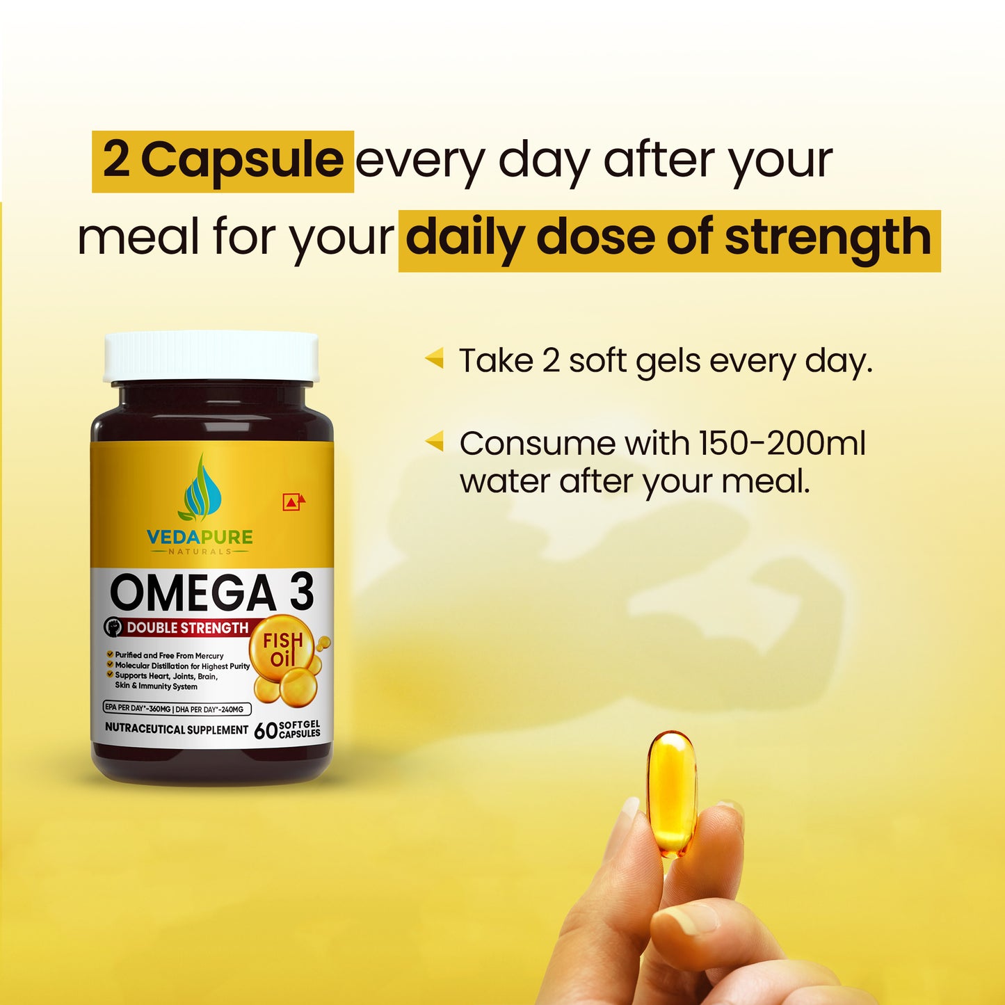VEDAPURE NATURALS Double Strength Omega 3 Fish Oil 1000mg- 60 Softgel Vedapure Naturals