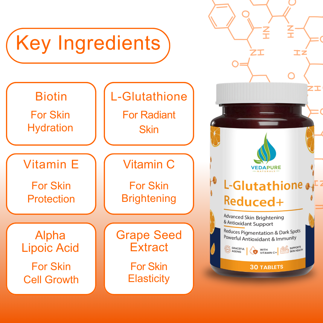 Vedapure L-Glutathione Capsules with Vitamin C & E – Skin Glow, Detox & Immunity – 30 Caps