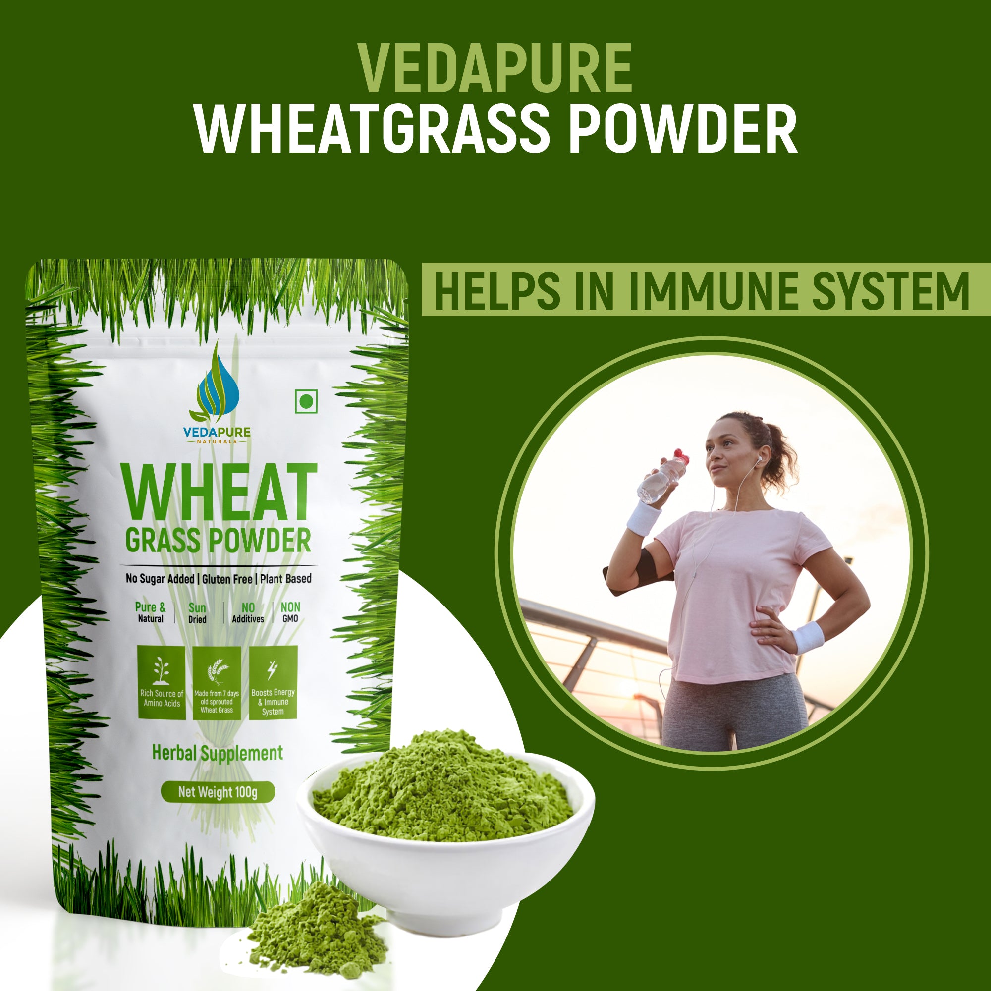Vedapure Wheatgrass Powder – Pure & Natural Detox Superfood for Immunity & Energy – 100g