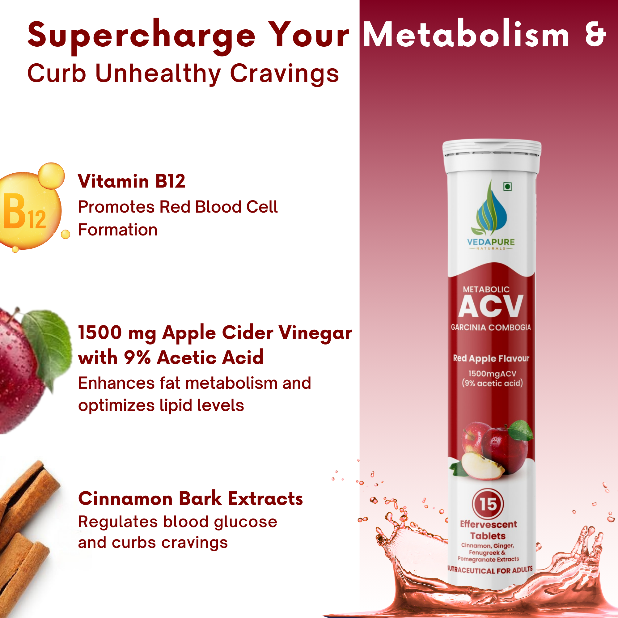 Vedapure ACV Effervescent Tablets – With Garcinia & Pomegranate for Craving Control & Weight Support – 15 Tabs
