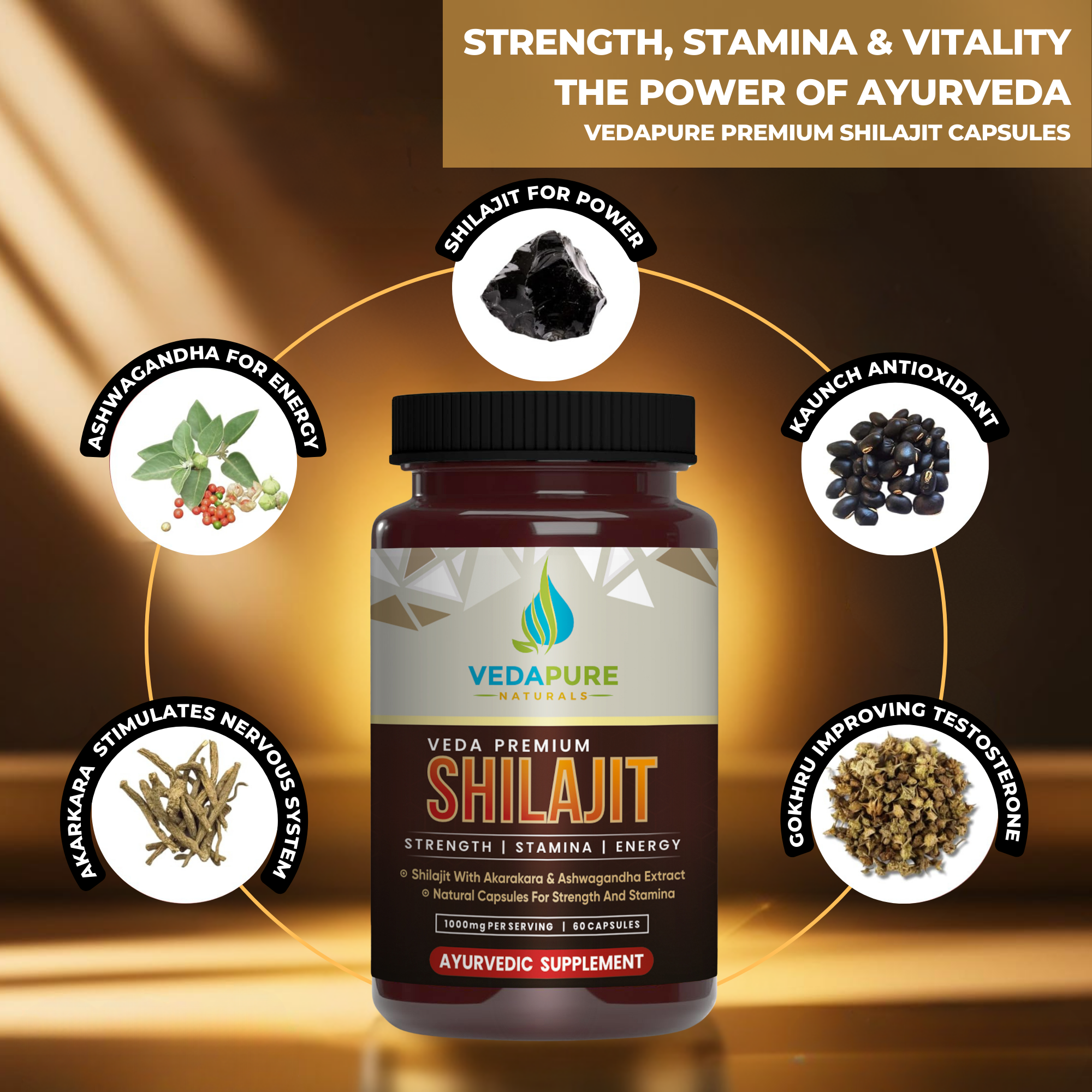 Veda Premium Shilajit 1000mg| 60 Capsules for Strength, Energy, Stamina & Performance | Ayurvedic Vitality Supplement for Men
