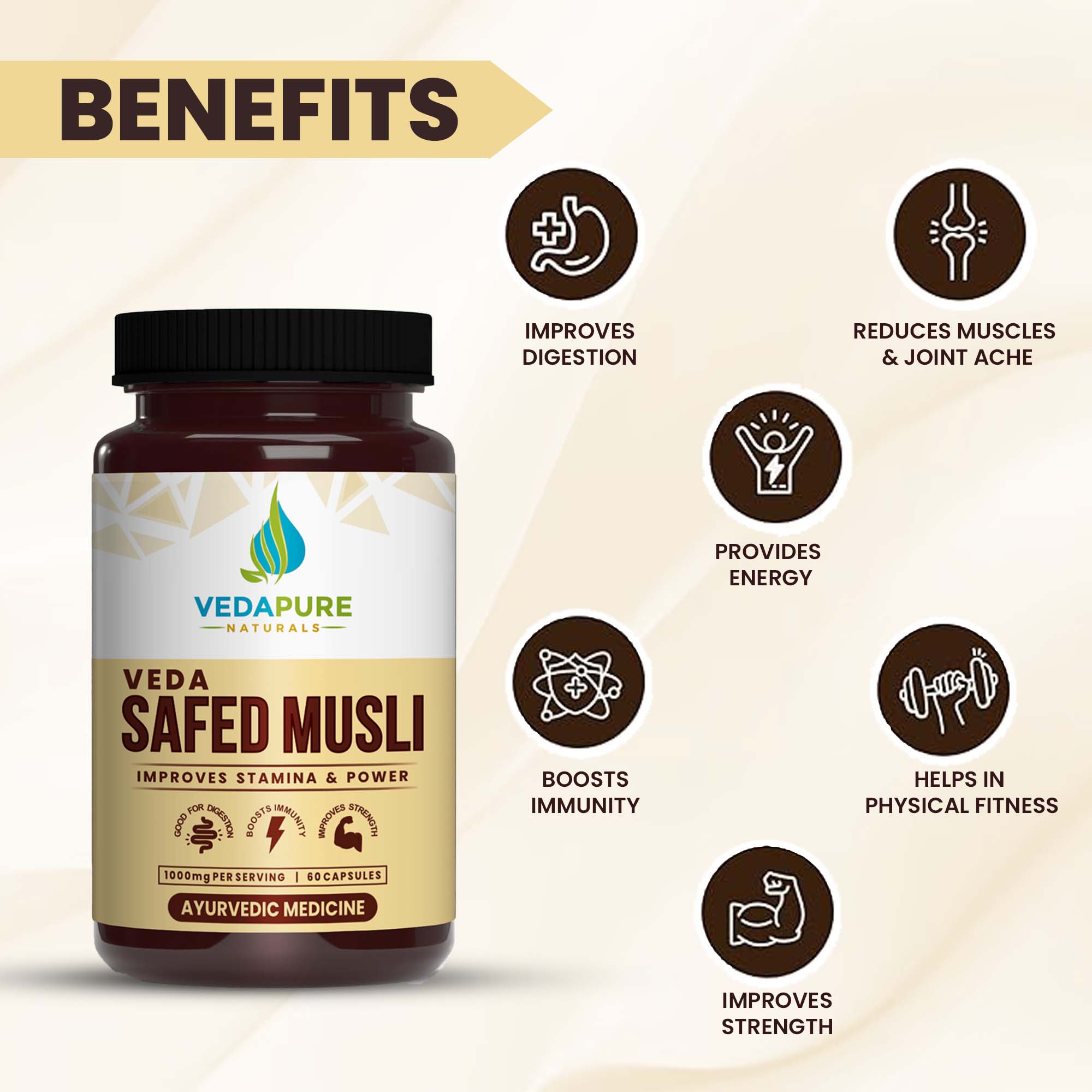Vedapure Safed Musli 100 mg – Strength, Stamina & Immunity Booster – 60 Capsules