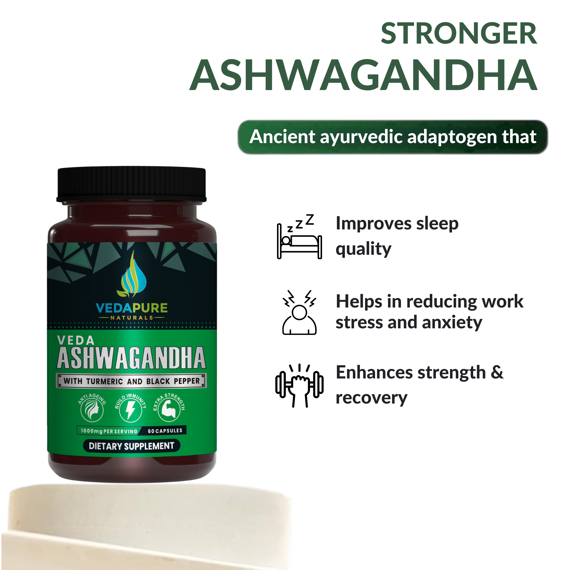 Vedapure Ashwagandha 100mg – Combats Stress & Anxiety with Turmeric & Black Pepper – 60 Caps.