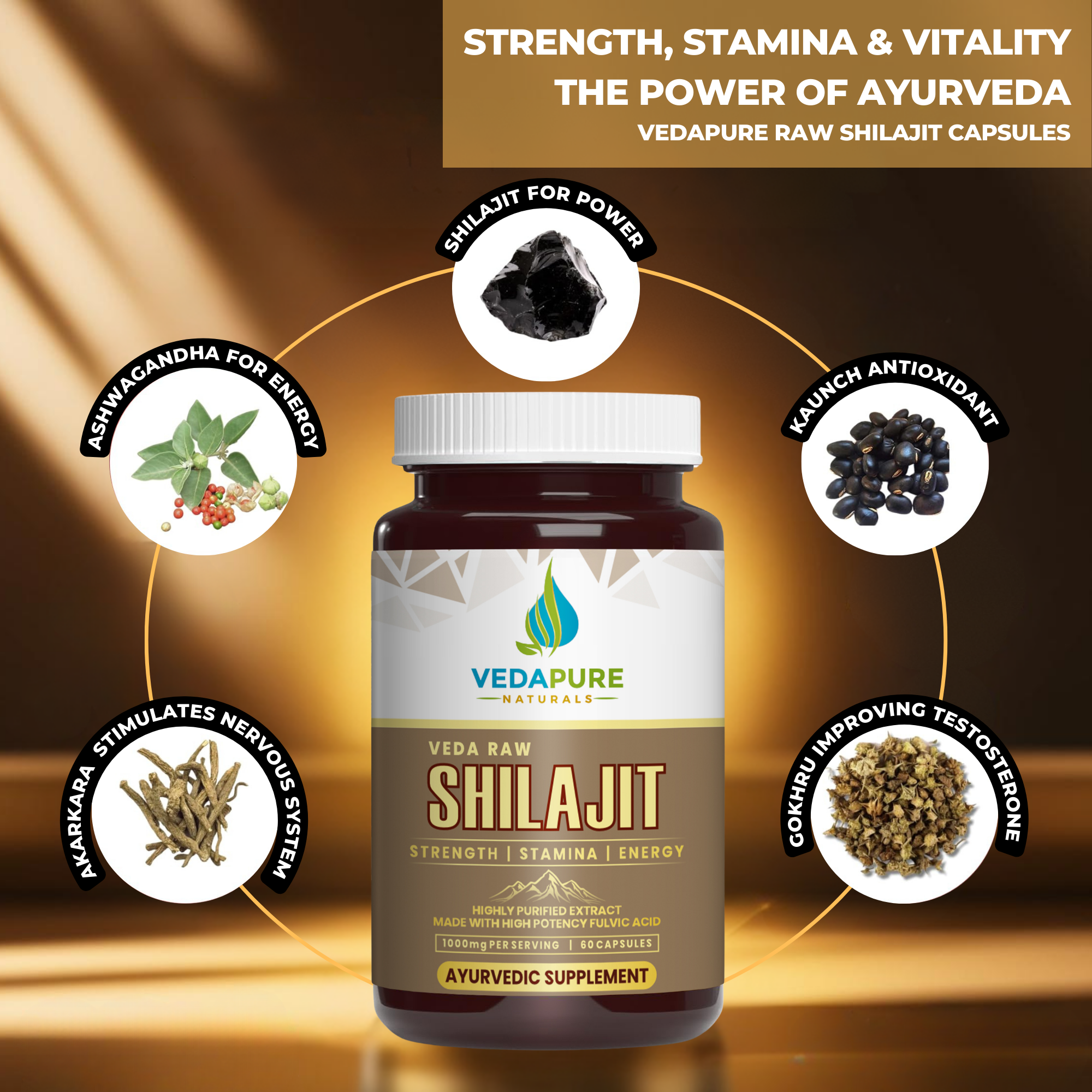Veda Raw Shilajit Capsules 100mg – 60 Capsules | Pure Himalayan Shilajit for Strength, Stamina & General Health | Ayurvedic Energy & Vitality Booster