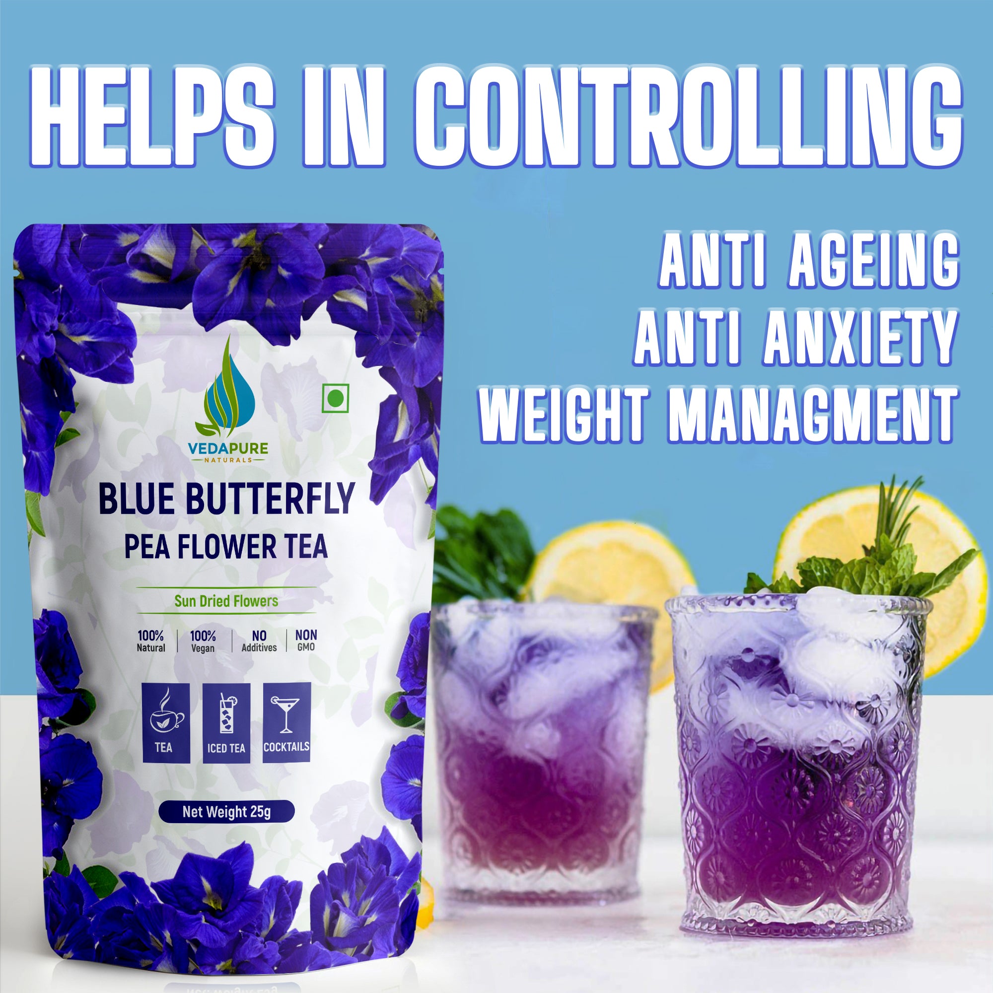 Vedapure Naturals Blue Butterfly Pea Flower Tea 25 g Vedapure Naturals