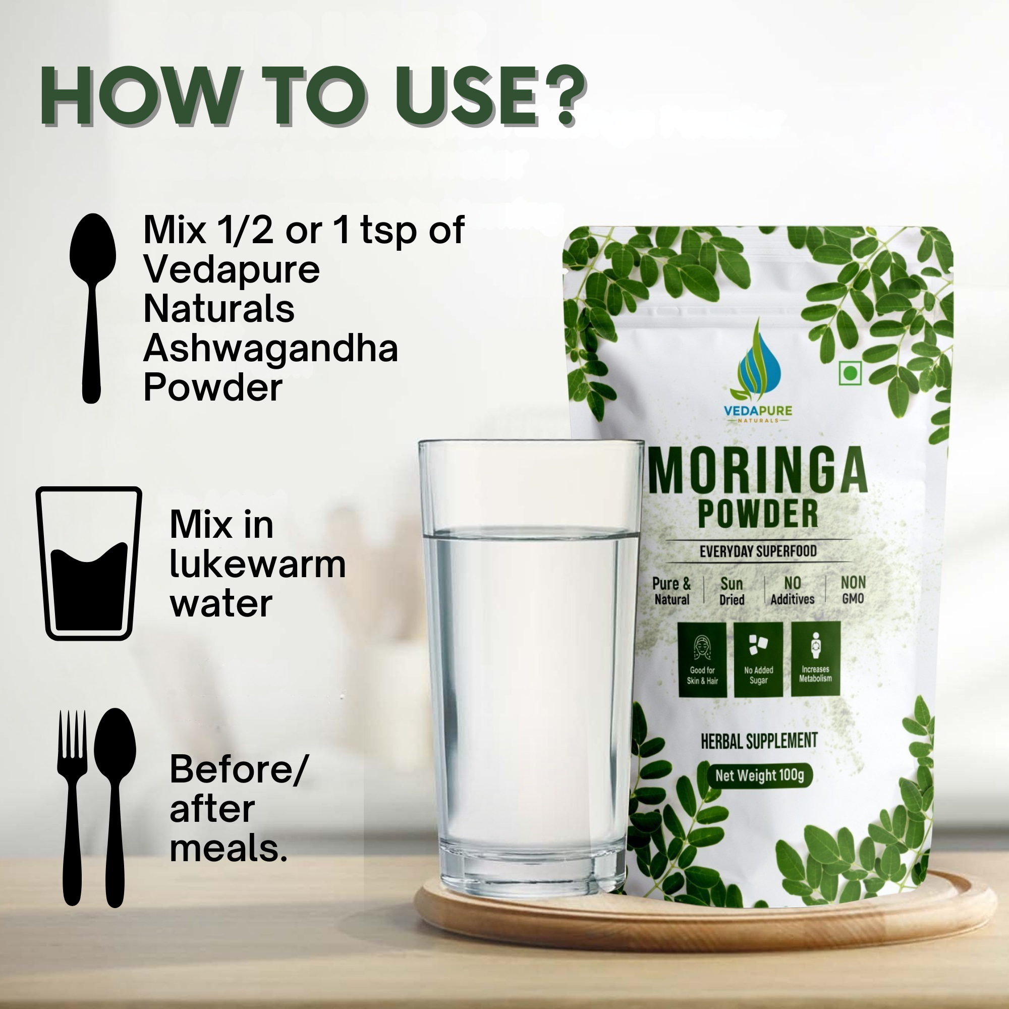 Vedapure  Pure Moringa Leaf Powder | For Skin & Hair Health | Herbal Supplement | - 100 GM