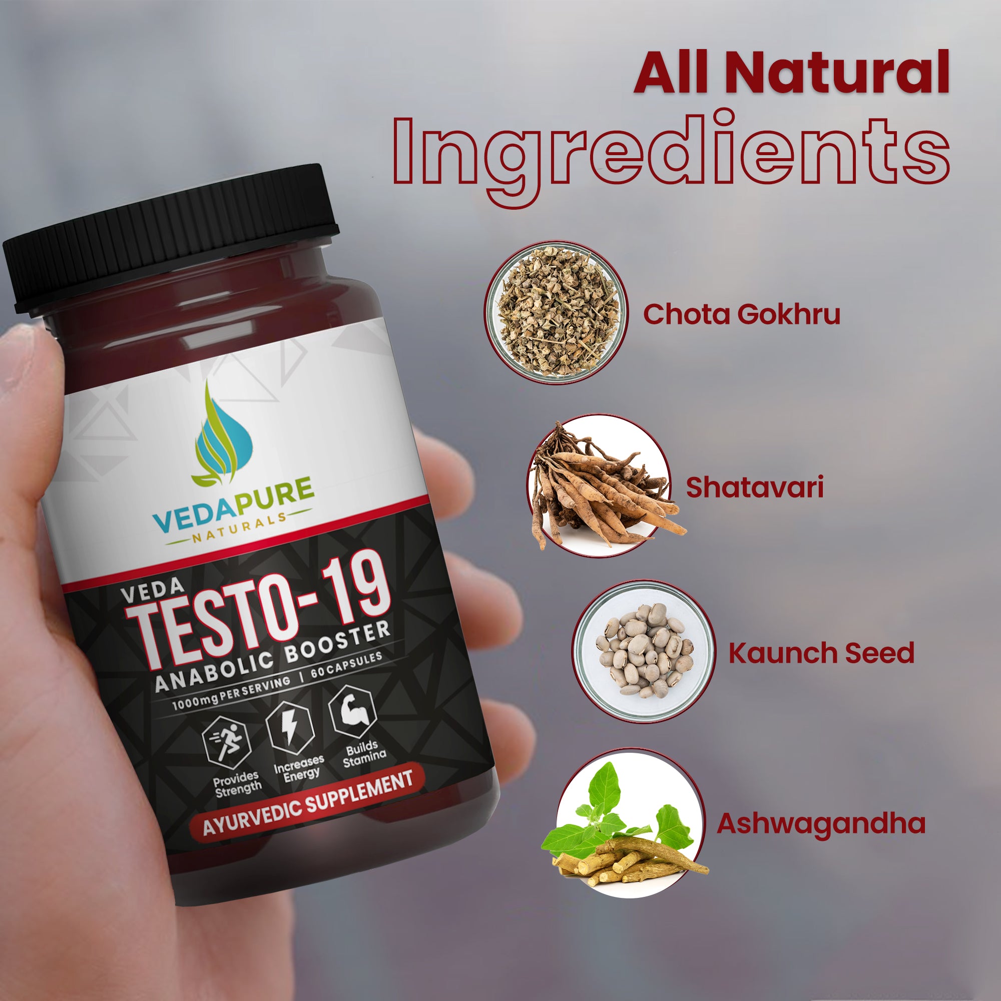 VEDAPURE  Glow and Strength Kit -  Veda Testo-19  Anabolic Booster- Chota Gokhru, Shatavari, Safed Musli, Ashwagandha Extracts -60 Capsules Double Strength Omega 3 Fish Oil 1000mg- 60 Softgel  & Multivitamin For Men & Women- 60 Capsules