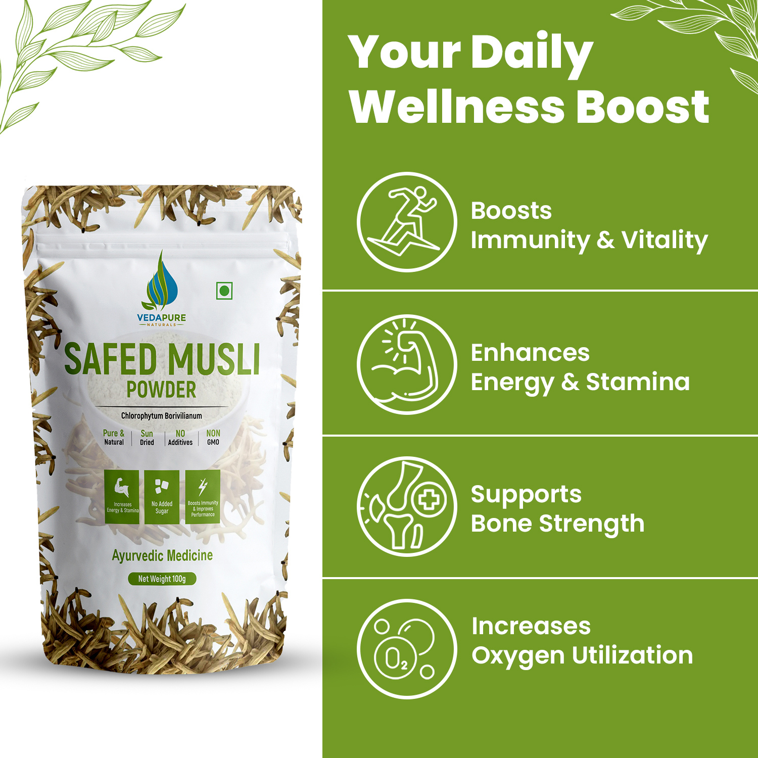 Vedapure Safed Musli Powder – Pure Ayurvedic Herb for Vitality, Stamina & Overall Wellness – 100g