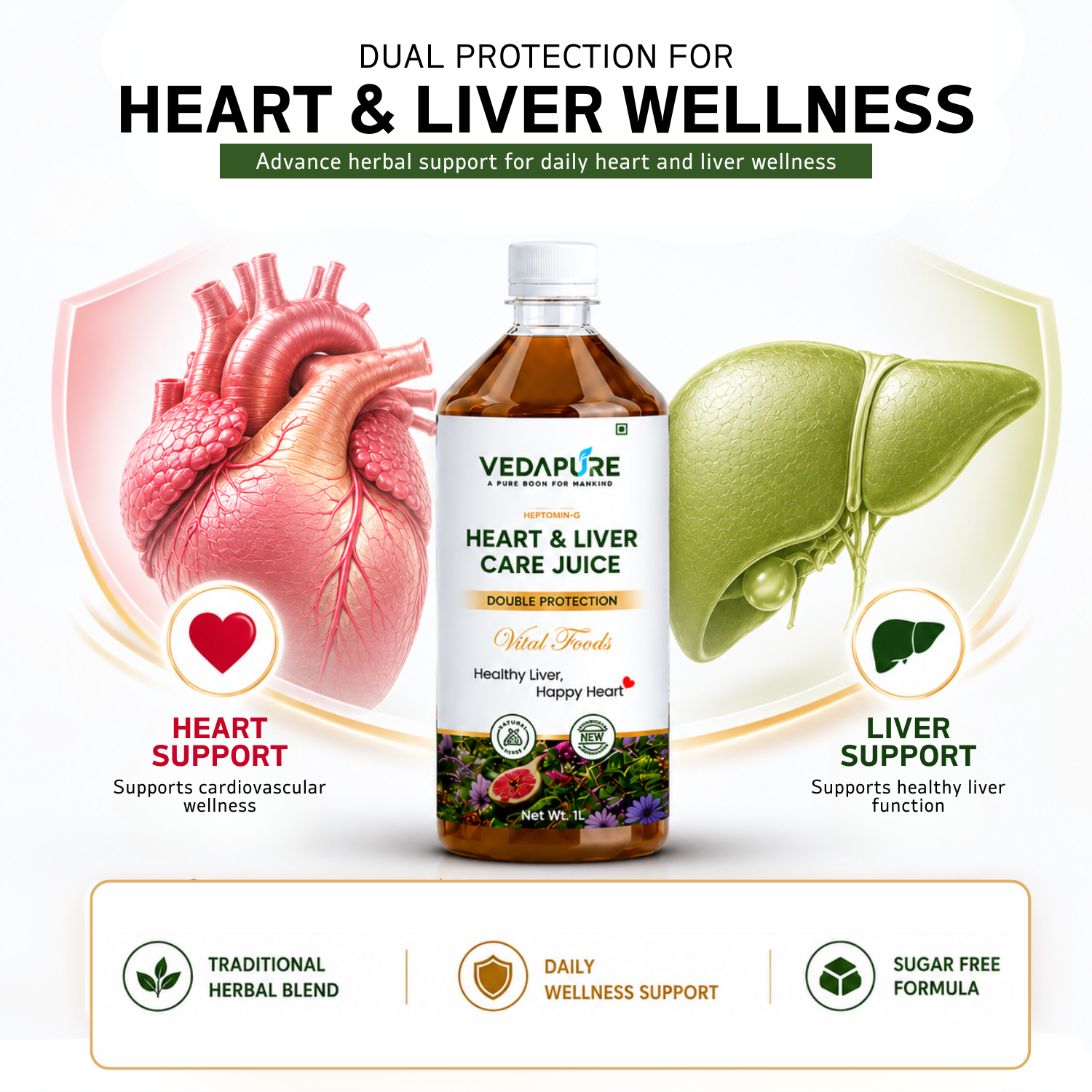 VEDAPURE Heart & Liver Care Juice 1000ml | Ayurvedic Liver Detox & Heart Health Juice | Herbal Liver Cleanse with Kasni, Revand Chini, Anjeer & Fennel | No Added Sugar | GMP Certified (Pack of 1)