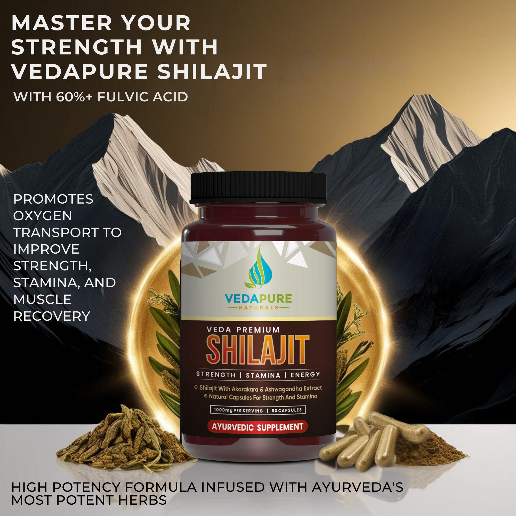 Veda Premium Shilajit 1000mg| 60 Capsules for Strength, Energy, Stamina & Performance | Ayurvedic Vitality Supplement for Men