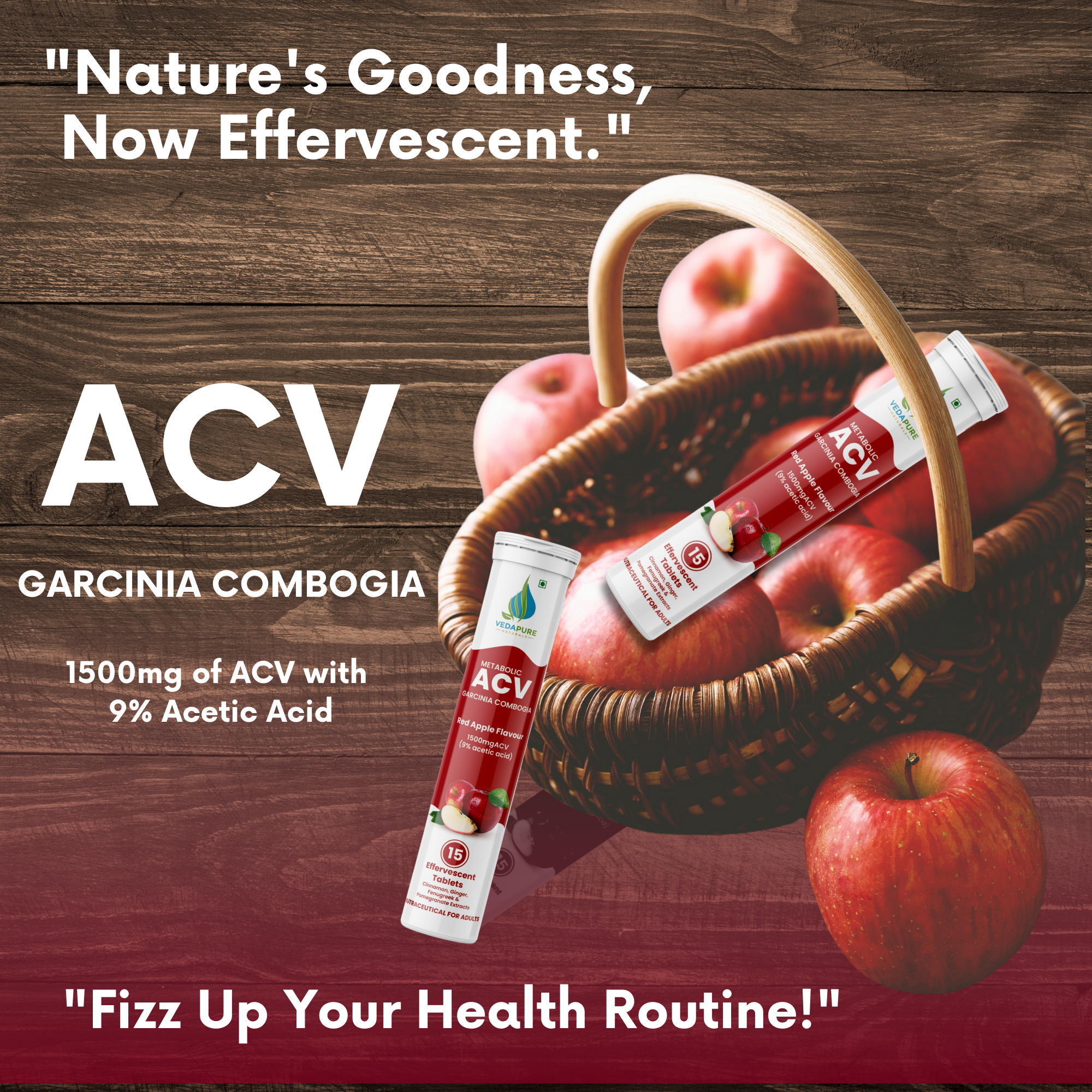 Vedapure ACV Effervescent Tablets – With Garcinia & Pomegranate for Craving Control & Weight Support – 15 Tabs
