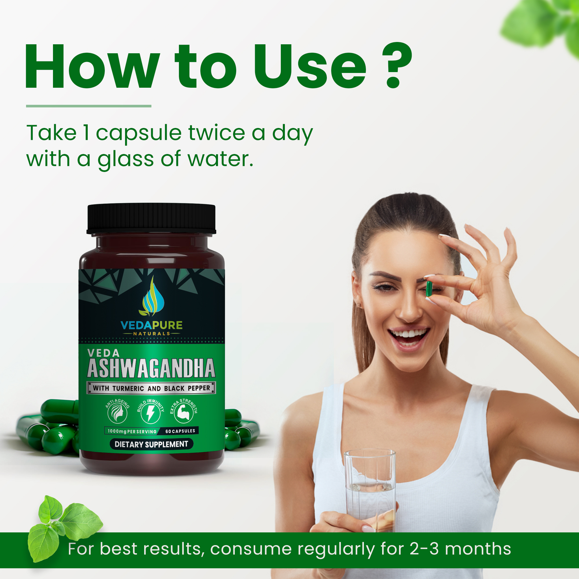 Vedapure Ashwagandha 100mg – Combats Stress & Anxiety with Turmeric & Black Pepper – 60 Caps.