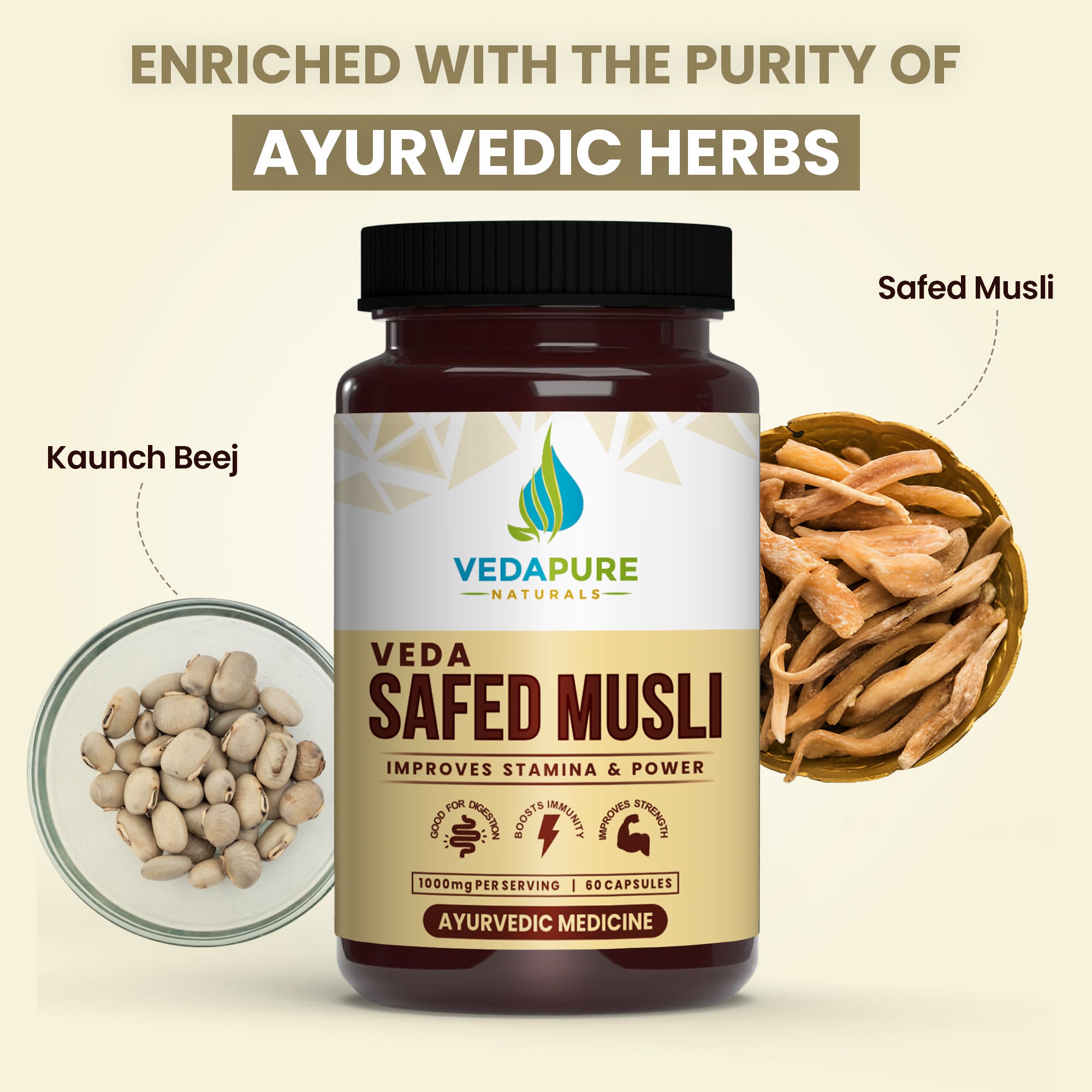 Vedapure Naturals Safed Musli & Veda Raw Shilajit 60 Capsules  (COMBO PACK) Vedapure Naturals