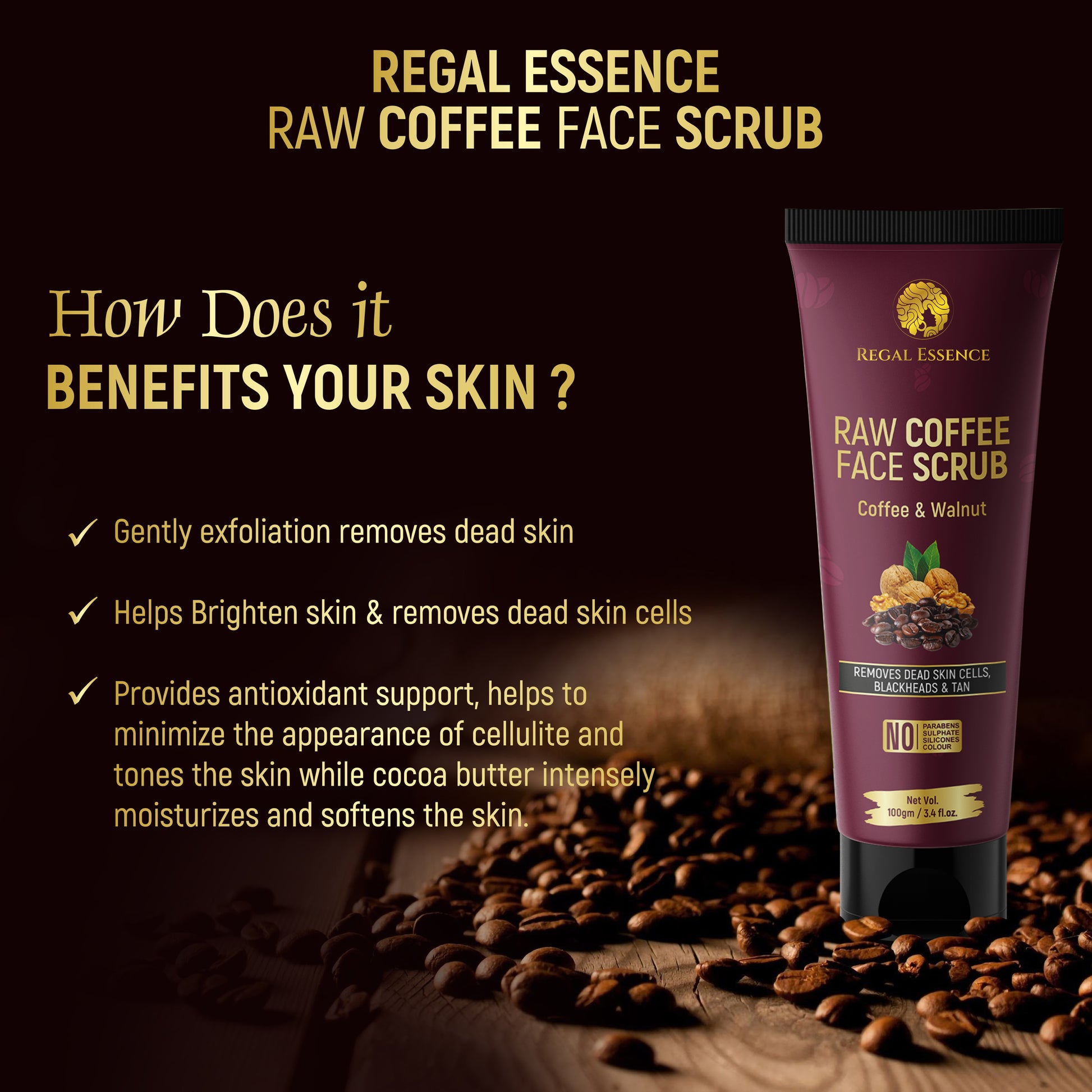 Regal Essence Raw Coffee and Walnut Face & Body Scrub |Tan Removal| All Skin| Men & Women - 100 g Regal Essence