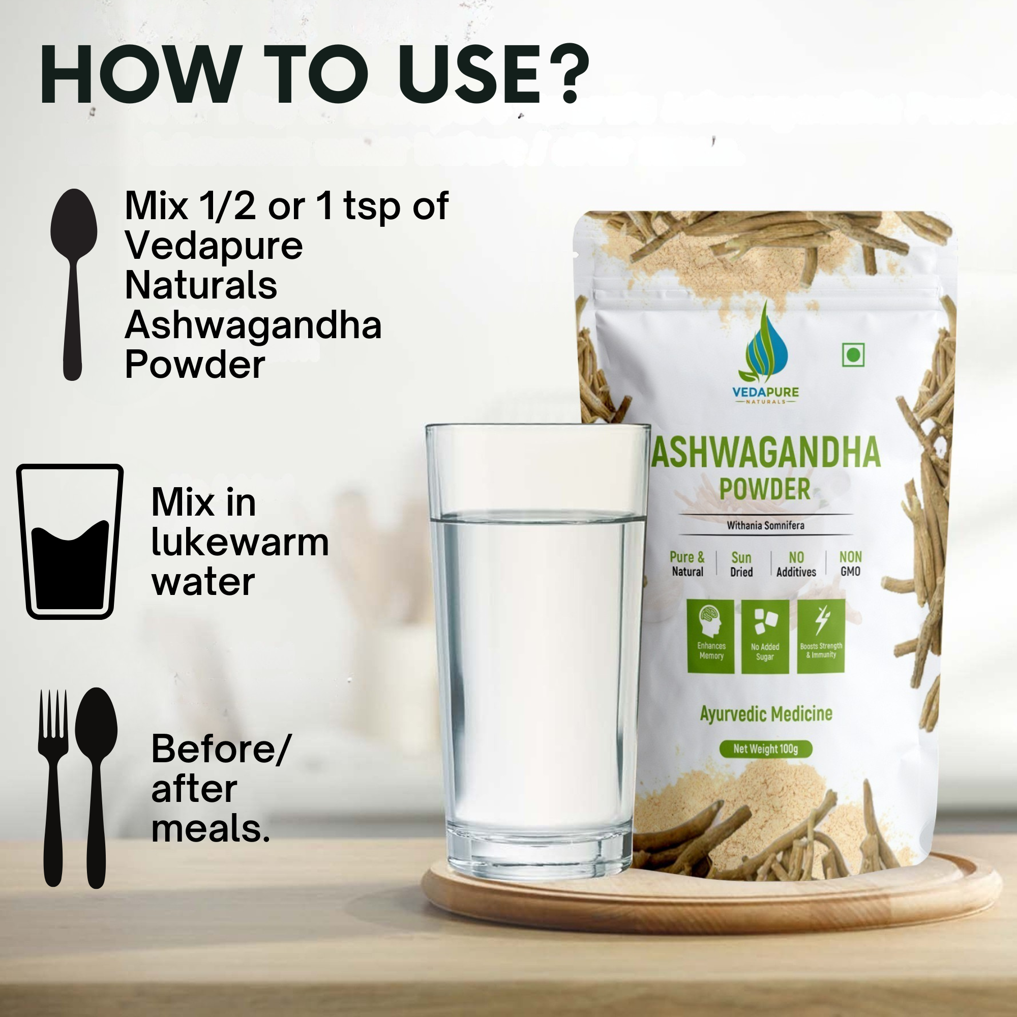 Vedapure Ashwagandha Powder – Pure Withania Somnifera for Strength, Immunity & Stress Relief – 100g